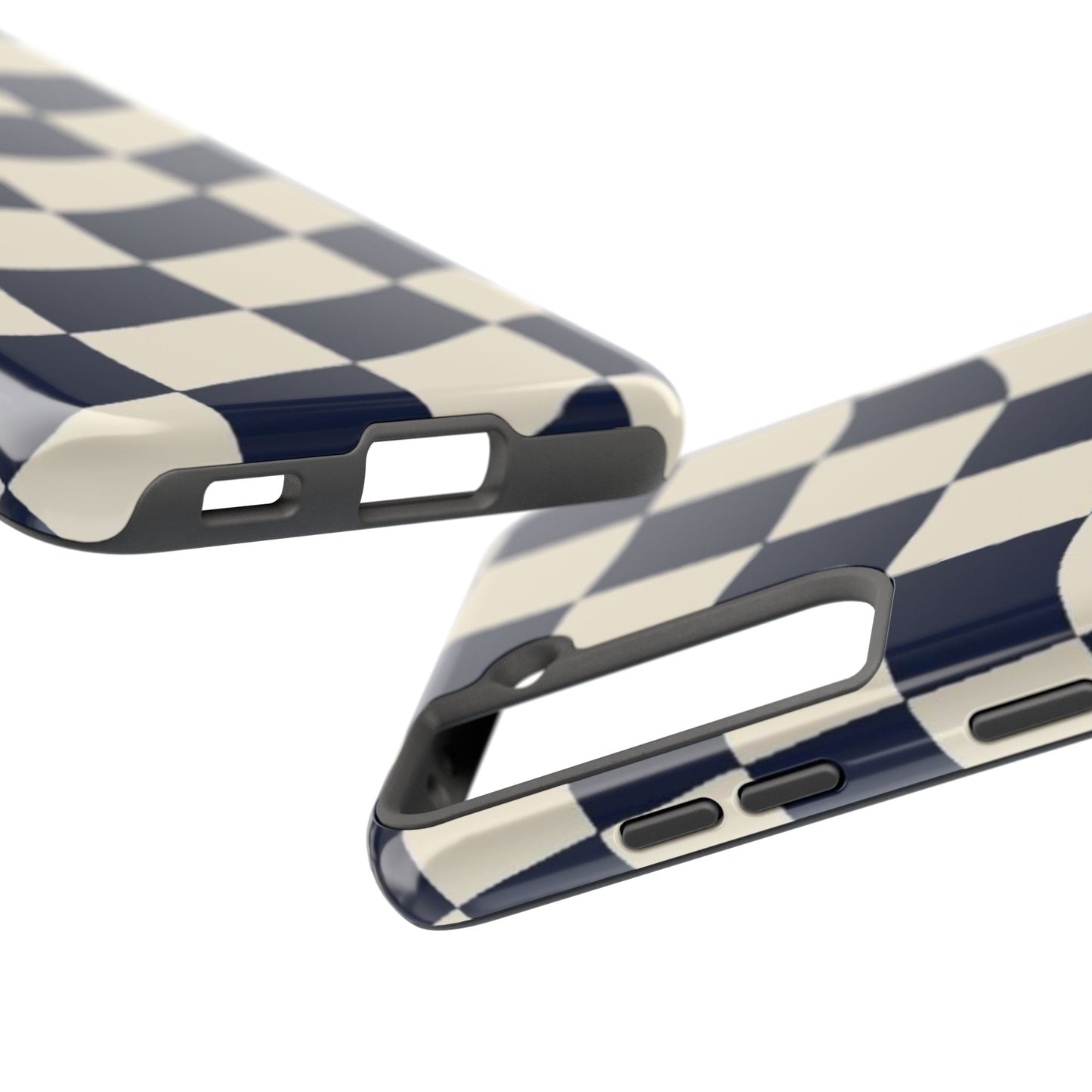 Wavy Checkerboard Tough Phone Case — Navy & Cream Protective Cover