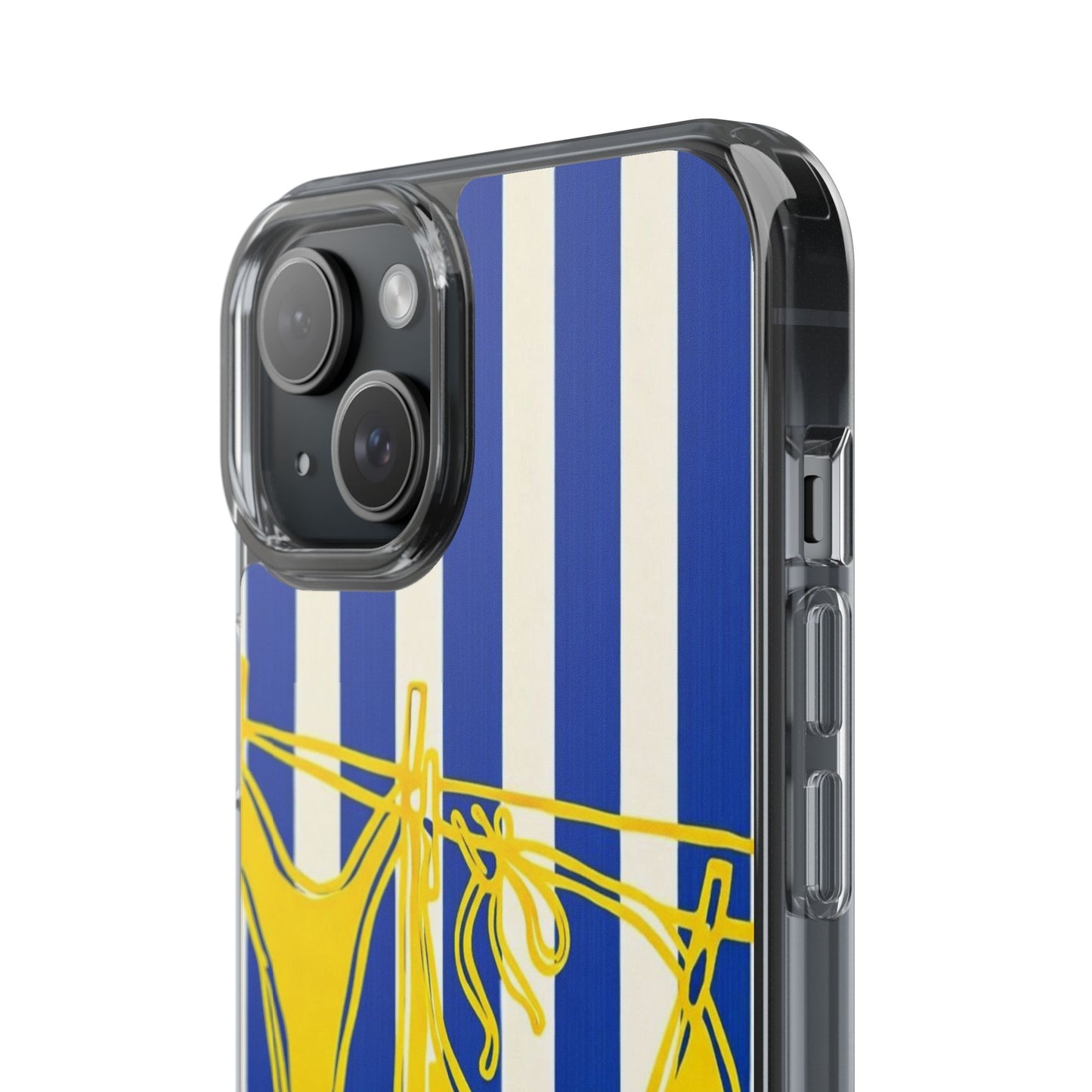 Striped Beach Bikini Phone Case — Yellow Swimwear on Blue & White Stripes, Clear Impact-Resistant