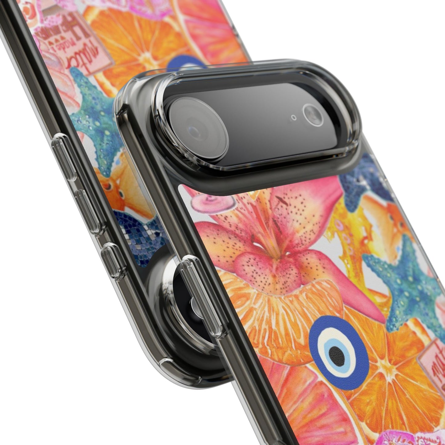 Clear Impact-Resistant Phone Case — Colorful Tropical Collage Design