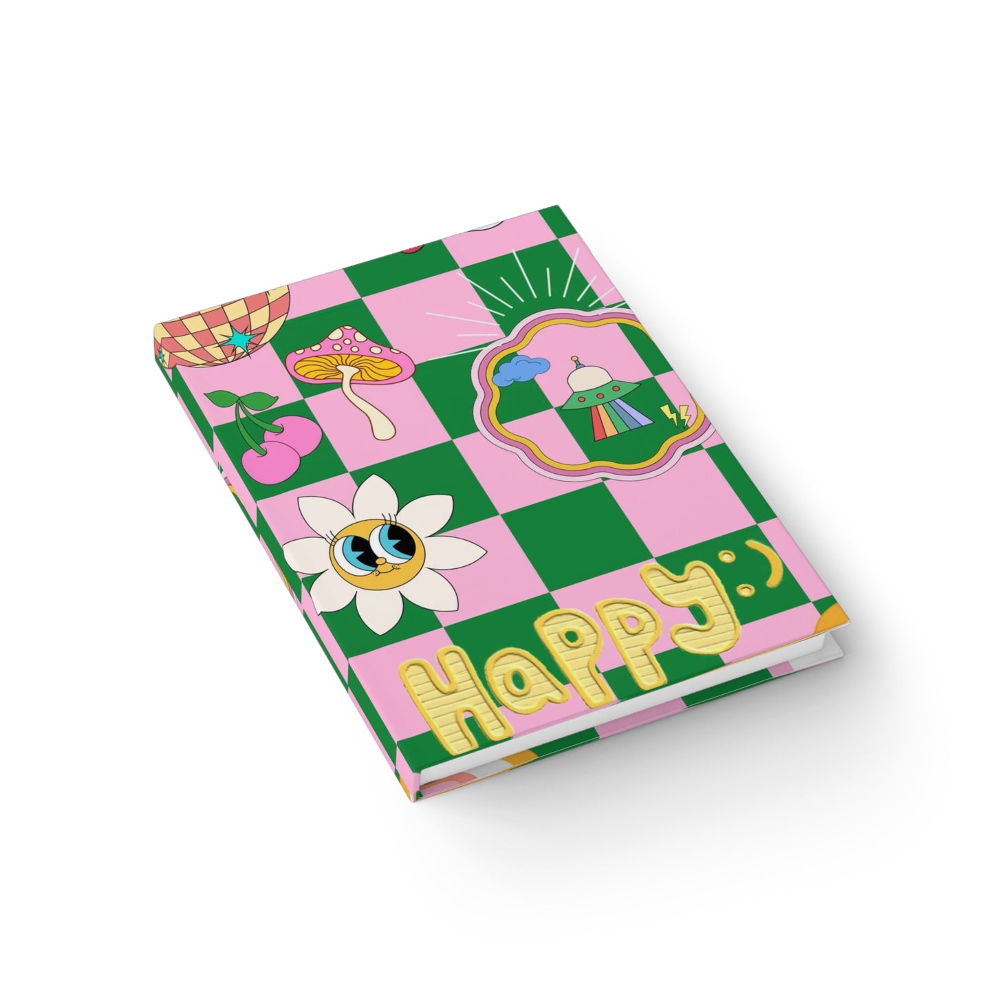 Happy Checkerboard Journal — Pink & Green Retro Doodle Ruled Notebook