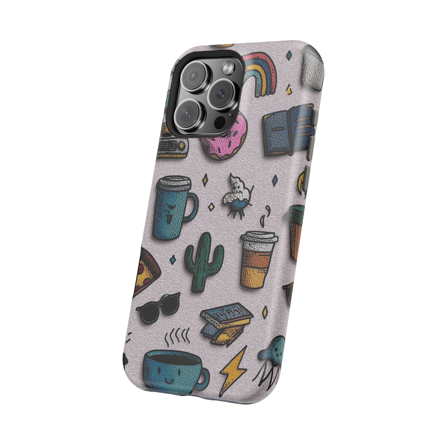 Cute Doodle Phone Case — Magnetic Impact-Resistant Design (coffee, rainbow, cactus)