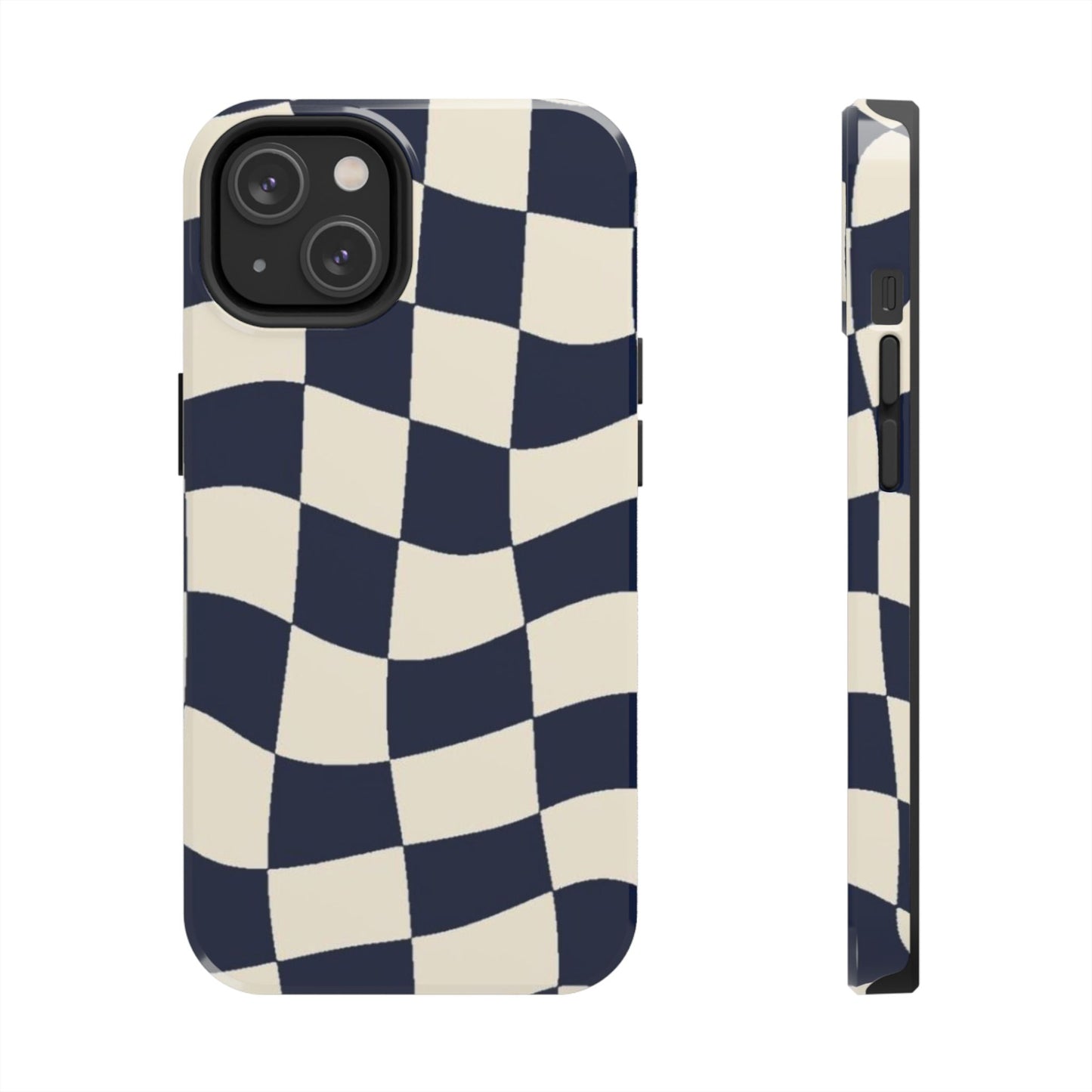 Wavy Checkerboard Tough Phone Case — Navy & Cream Protective Cover