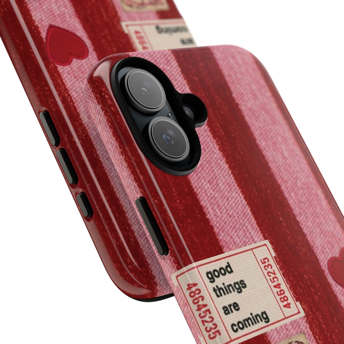Phone Case — Red Striped Heart Design with “Good Things Are Coming”