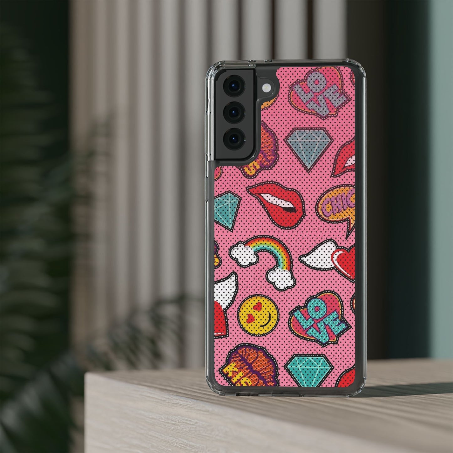 Clear Impact-Resistant Phone Case — Pink Pop Sticker Pattern (Hearts, Rainbows, Smileys)