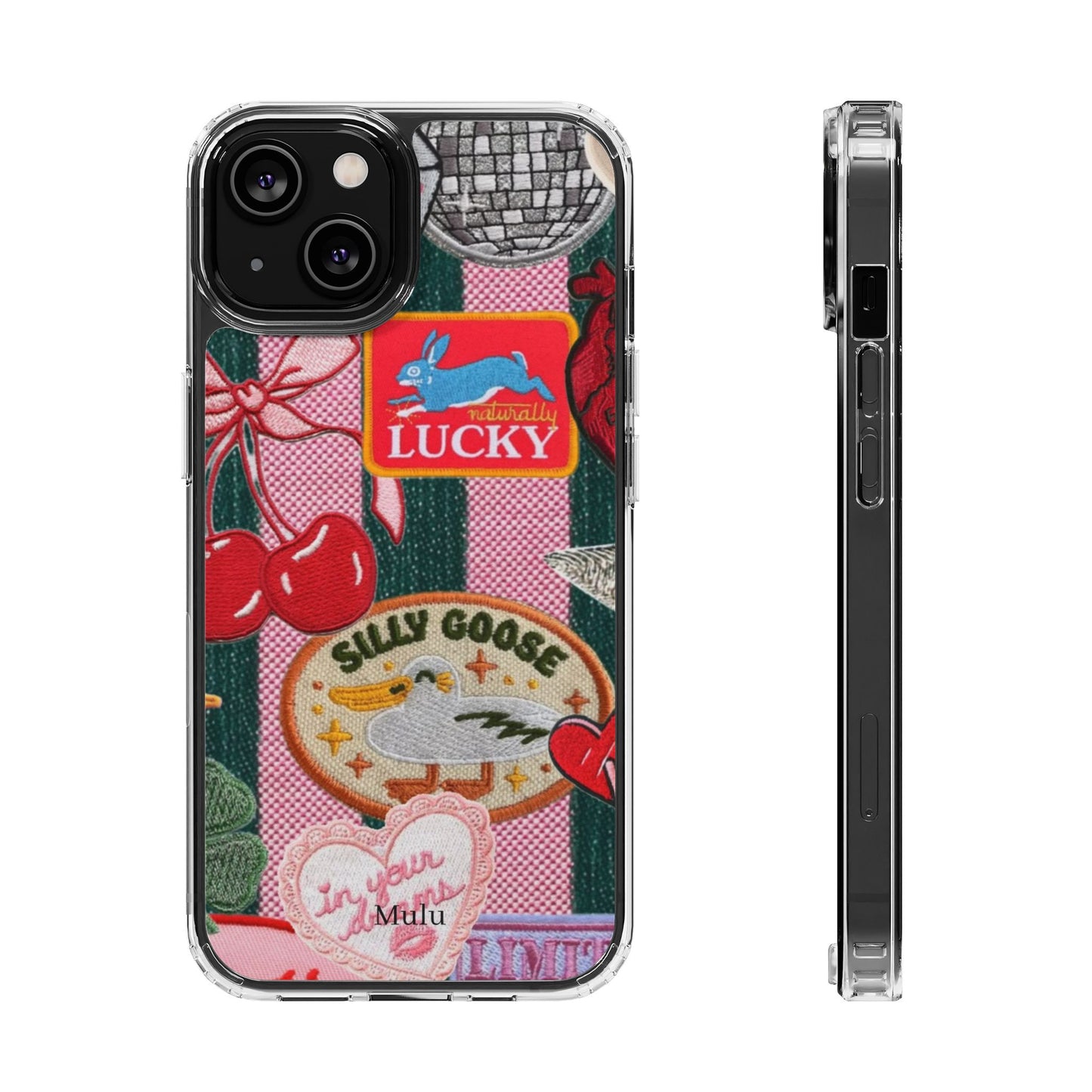 Clear Impact-Resistant Phone Case — Retro Patchwork Stickers (Lucky, Cherries, Silly Goose)