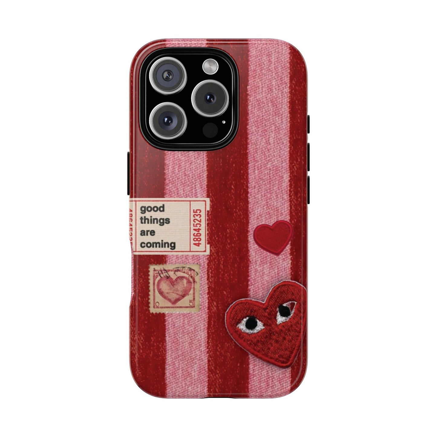 Phone Case — Red Striped Heart Design with “Good Things Are Coming”
