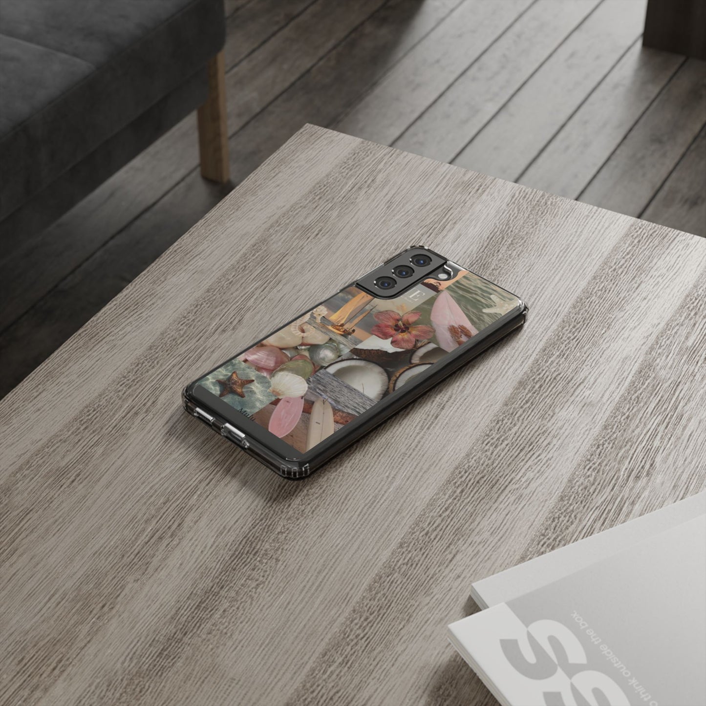Clear Phone Case — Coastal Collage Shells & Surf Design