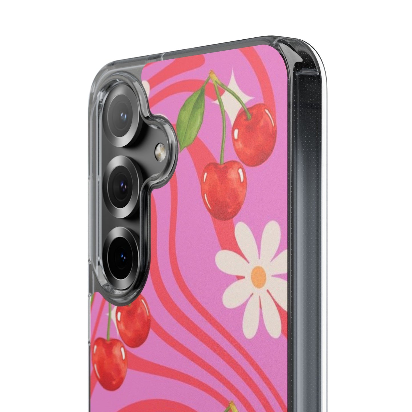 Clear Impact Phone Case — Retro Cherry & Daisy Floral Design