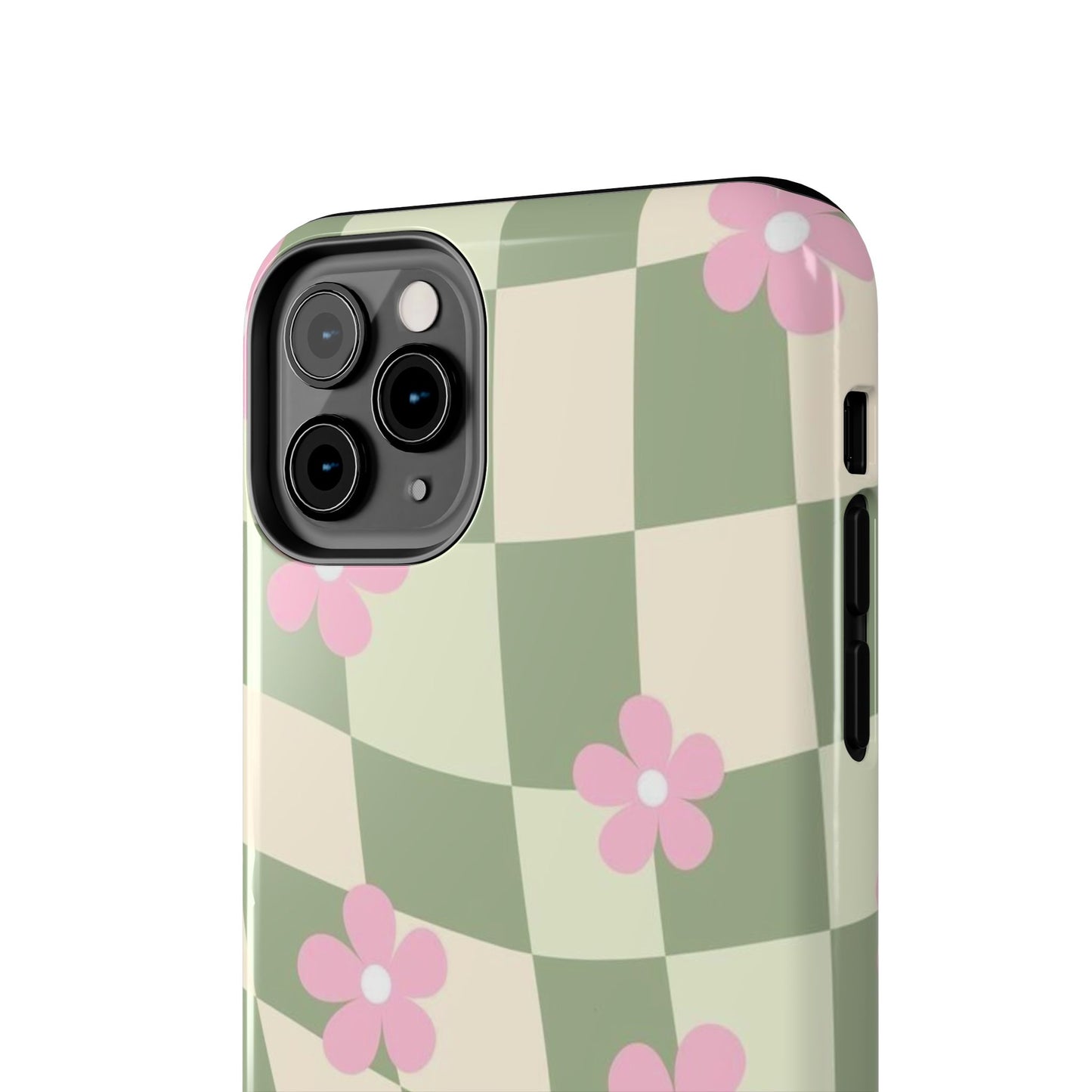 Tough Phone Case — Retro Green Checkerboard with Pink Flowers