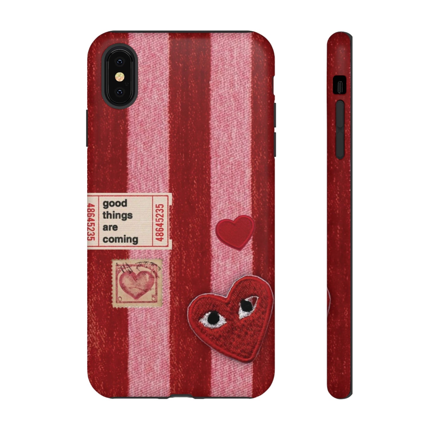 Phone Case — Red Striped Heart Design with “Good Things Are Coming”