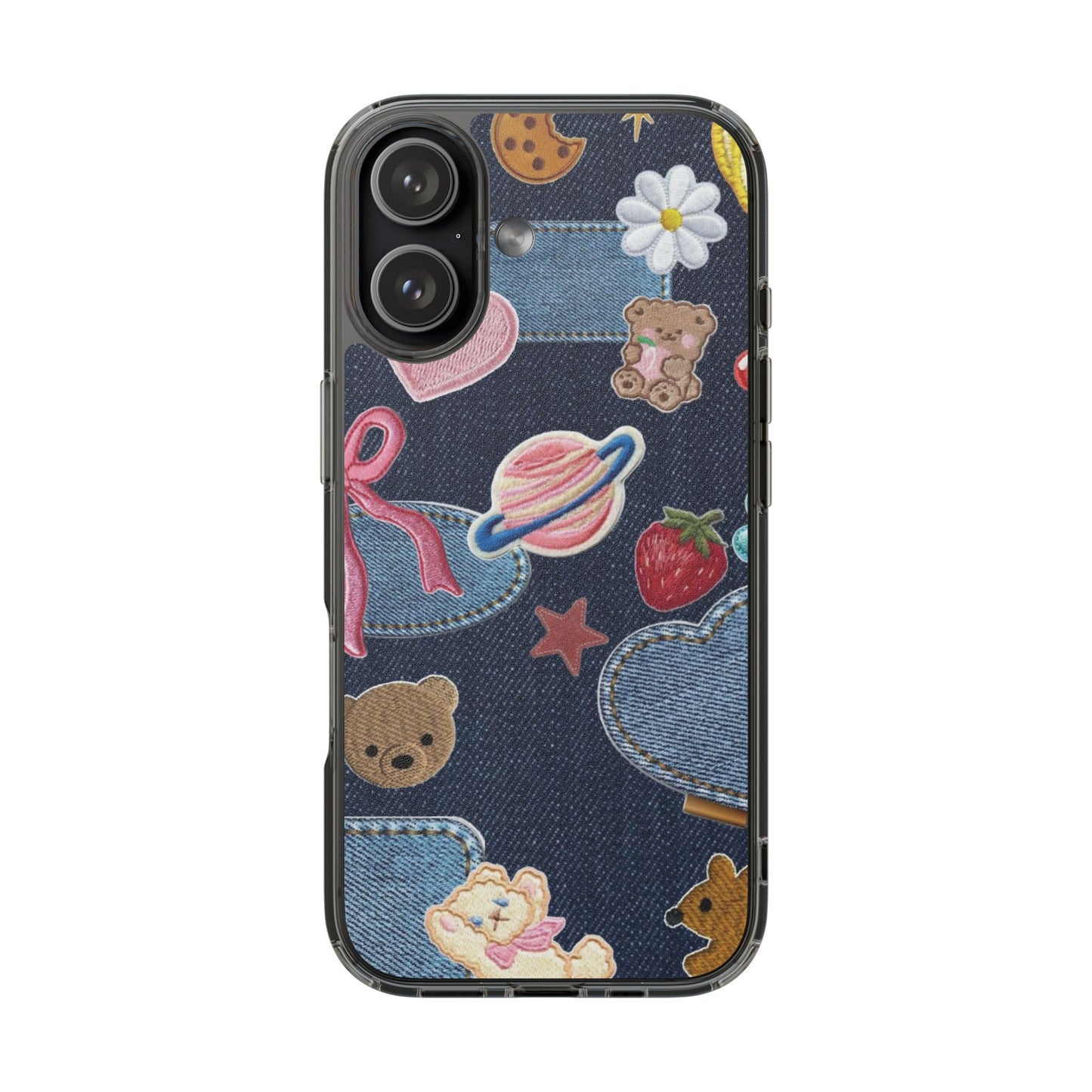 Clear Impact-Resistant Phone Case — Cute Denim Patch Collage (Teddy, Strawberry, Planet)