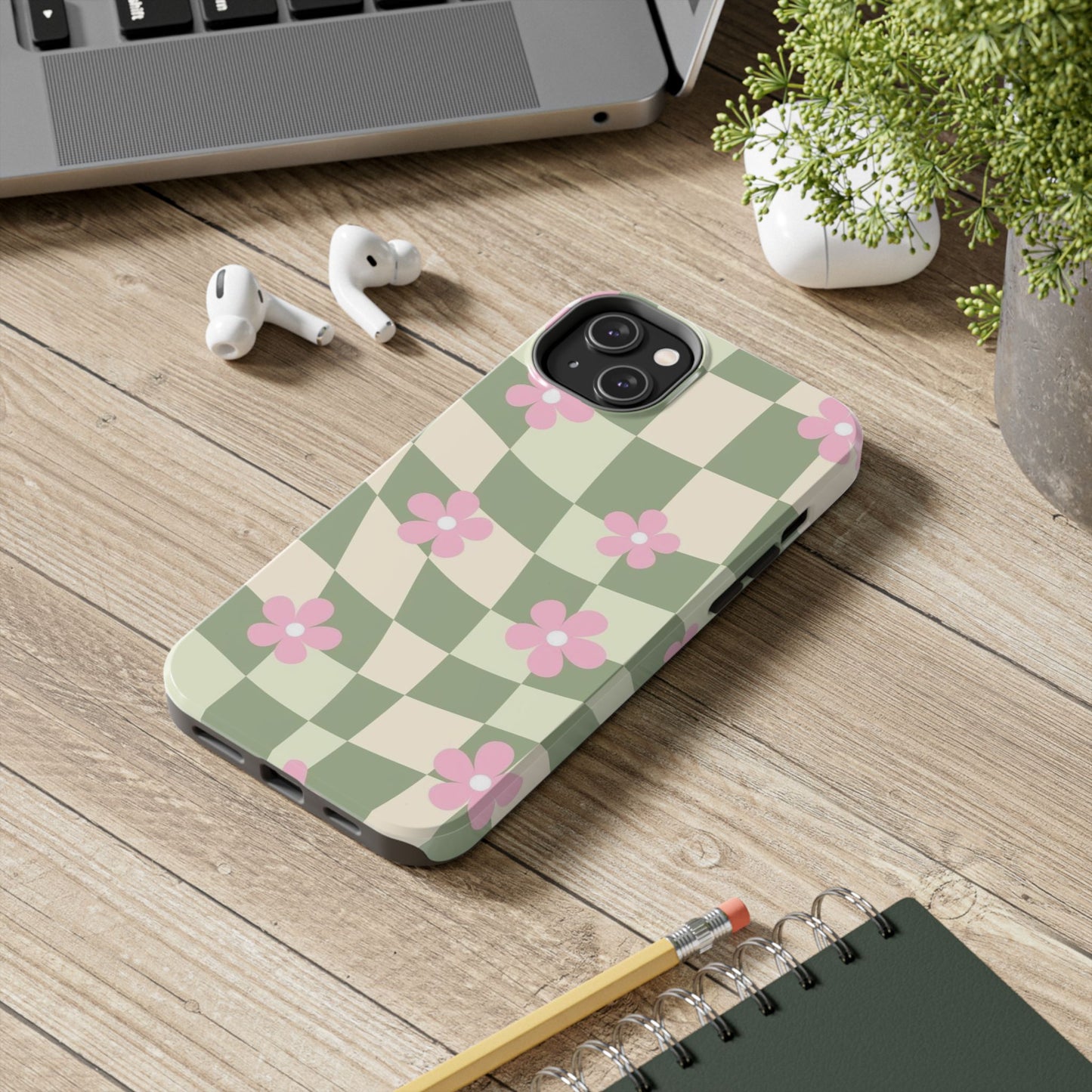 Tough Phone Case — Retro Green Checkerboard with Pink Flowers