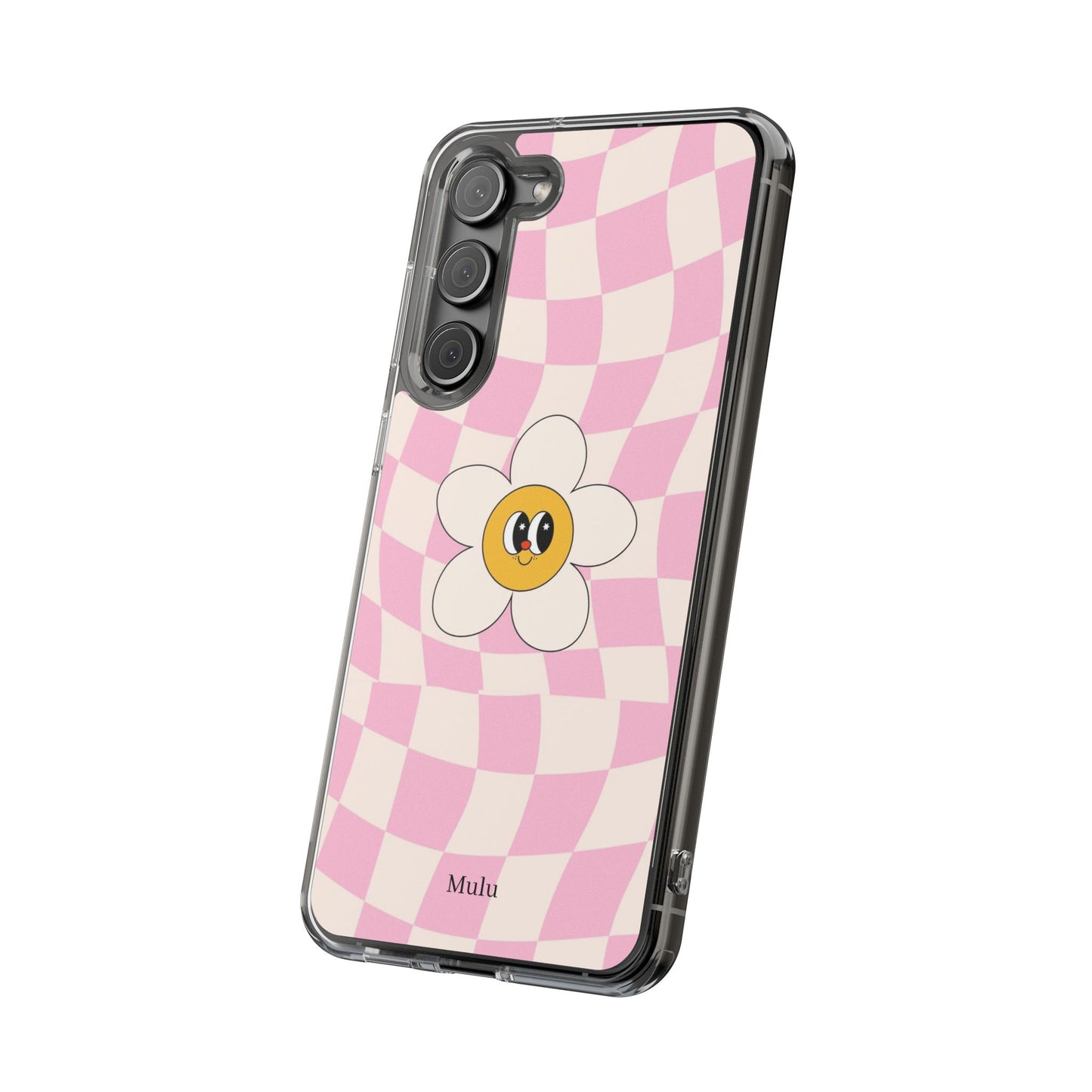 Clear Impact-Resistant Phone Case — Pink Checkerboard Daisy Design