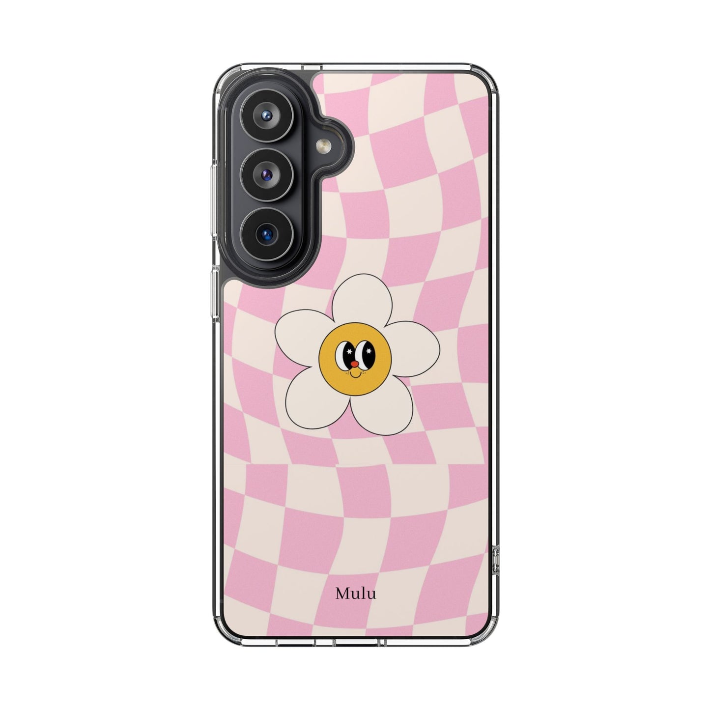 Clear Impact-Resistant Phone Case — Pink Checkerboard Daisy Design