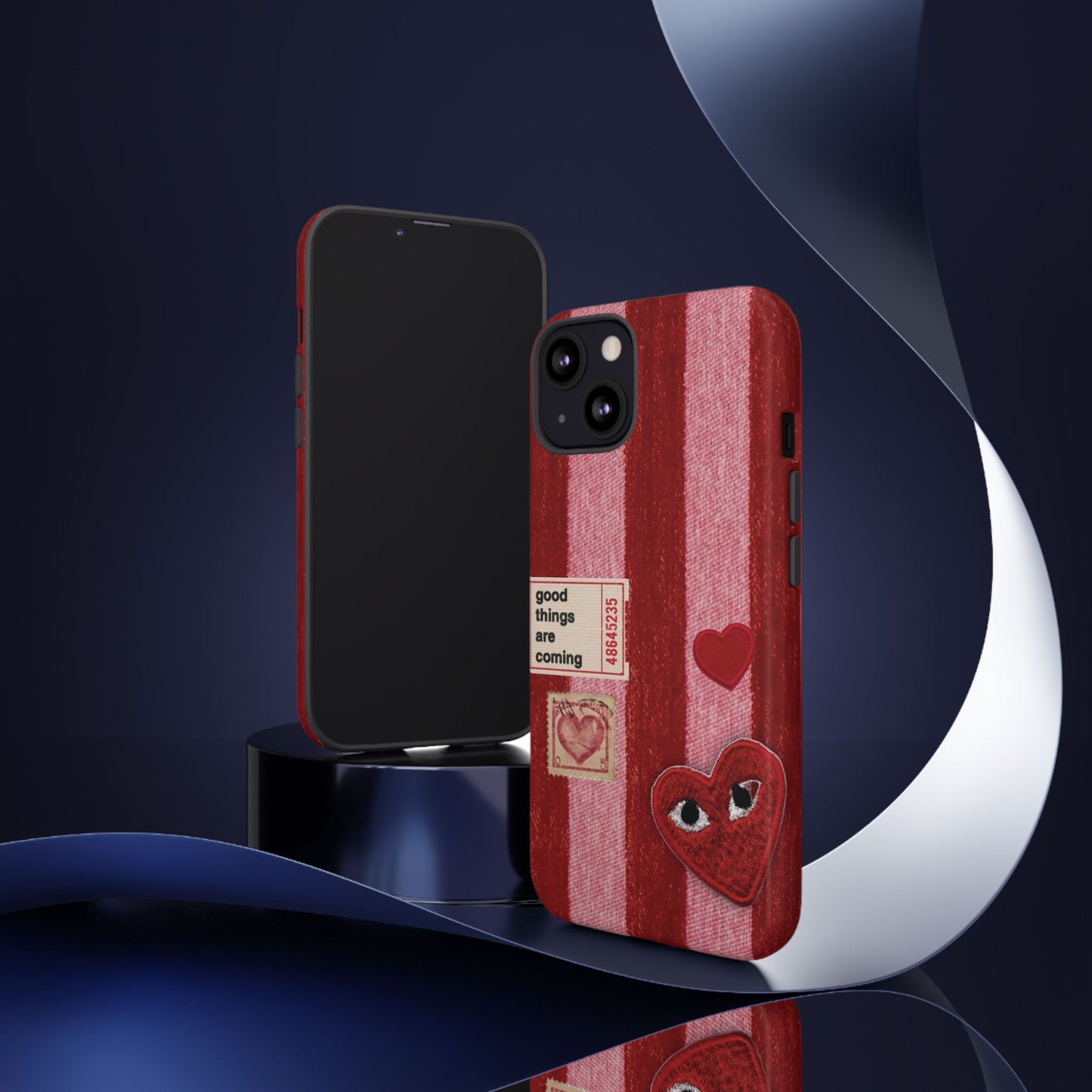 Phone Case — Red Striped Heart Design with “Good Things Are Coming”