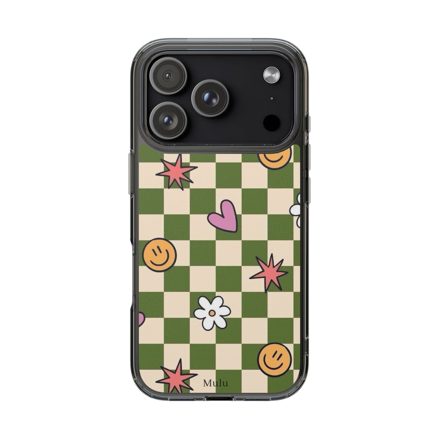Clear Impact-Resistant Case — Retro Green Checkerboard with Smiley, Hearts & Flowers