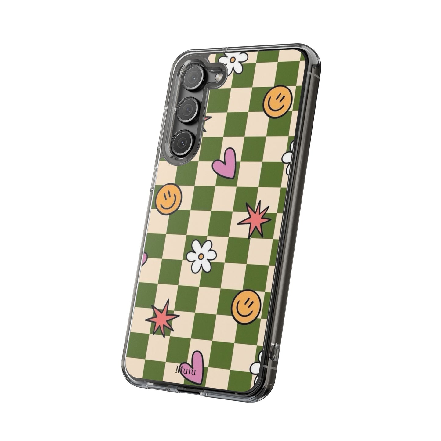 Clear Impact-Resistant Case — Retro Green Checkerboard with Smiley, Hearts & Flowers