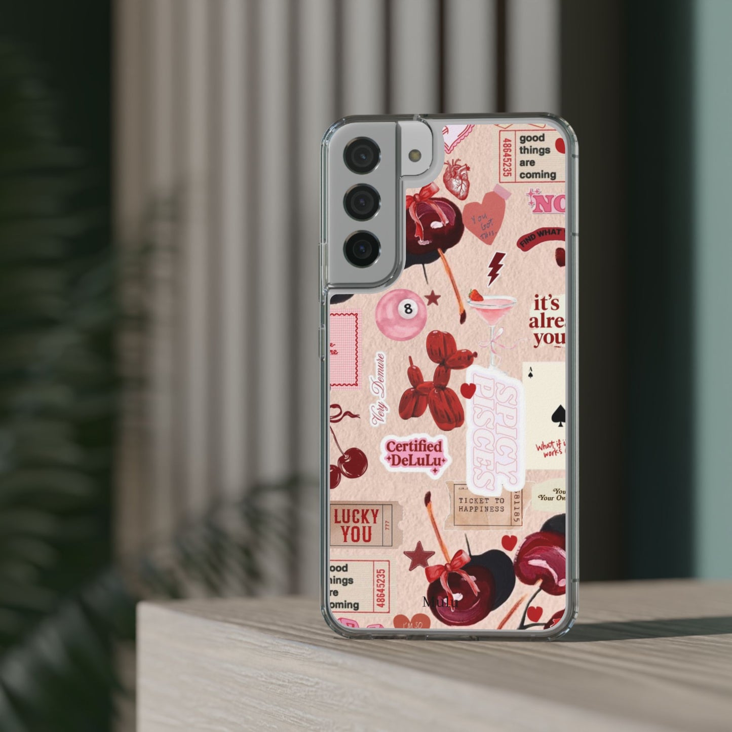 Clear Impact-Resistant Phone Case — Retro Cherry & Sticker Collage