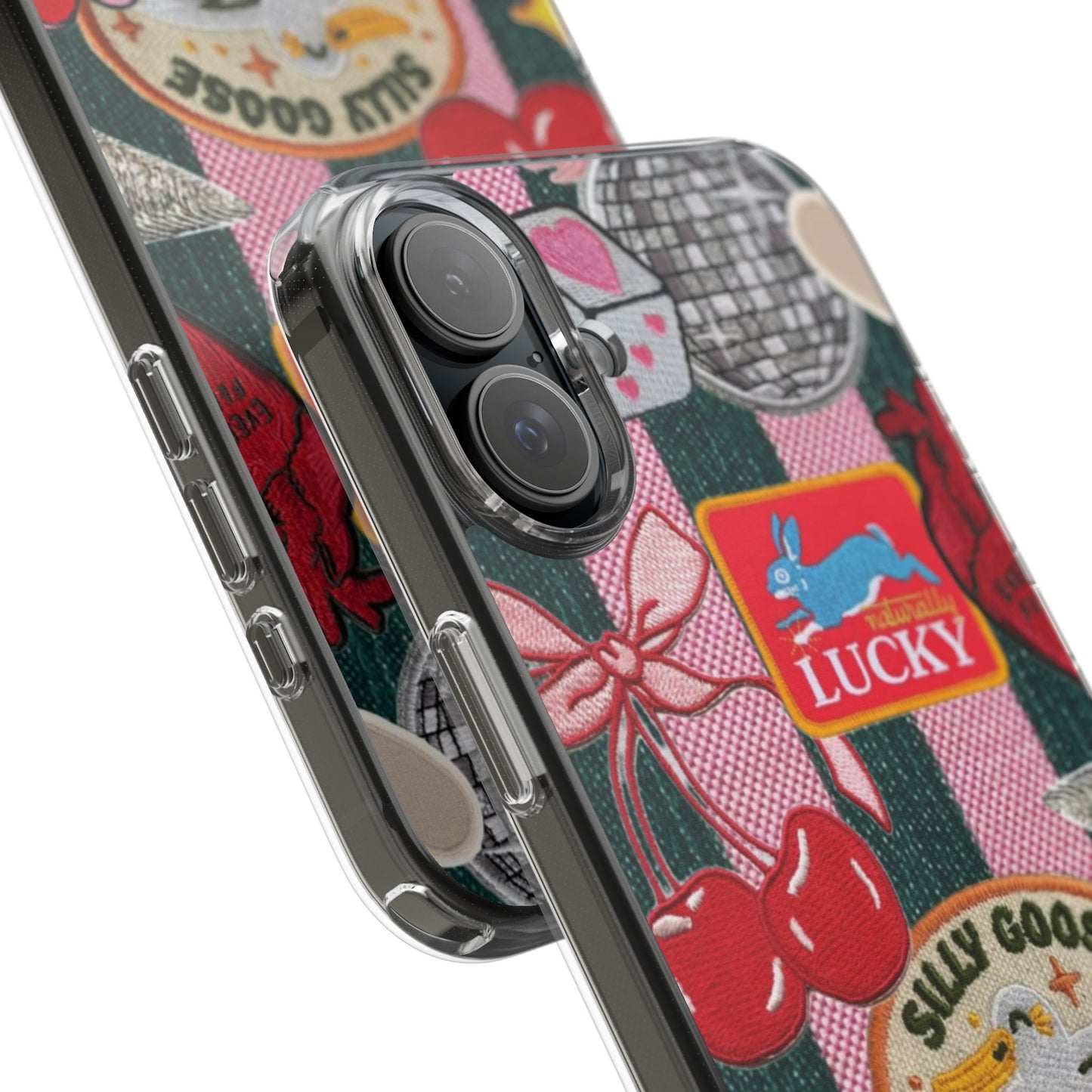 Clear Impact-Resistant Phone Case — Retro Patchwork Stickers (Lucky, Cherries, Silly Goose)
