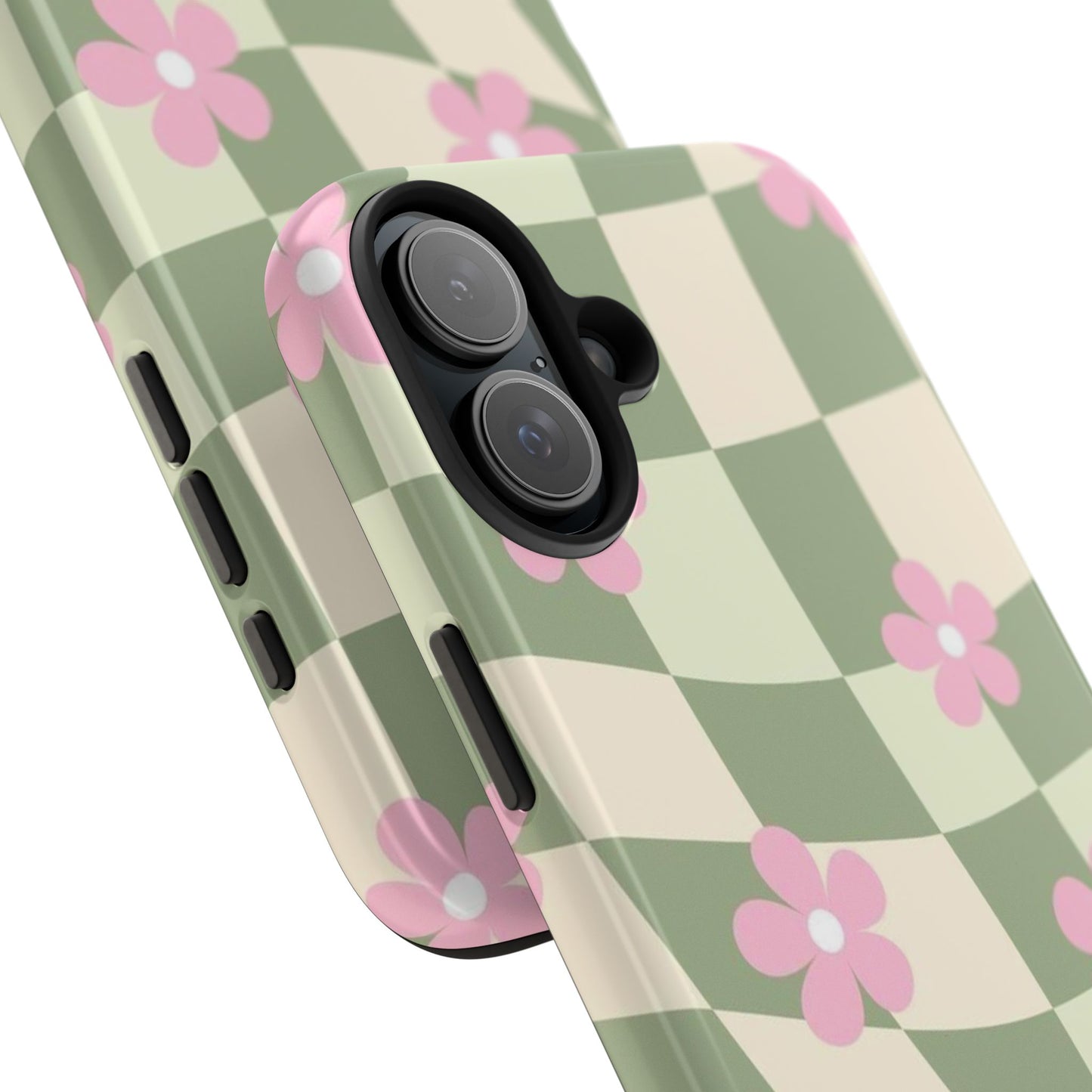 Tough Phone Case — Retro Green Checkerboard with Pink Flowers