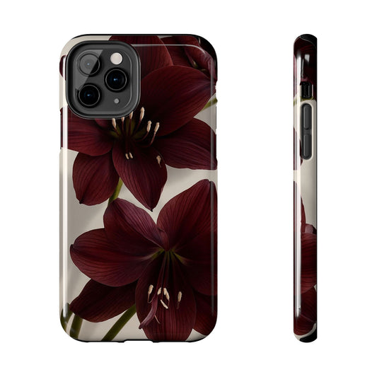 Amaryllis Noir Tough Phone Case — Dark Burgundy Floral Protective Cover