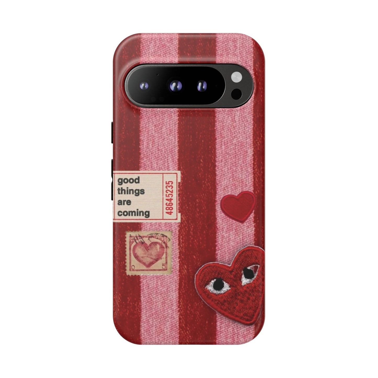 Phone Case — Red Striped Heart Design with “Good Things Are Coming”