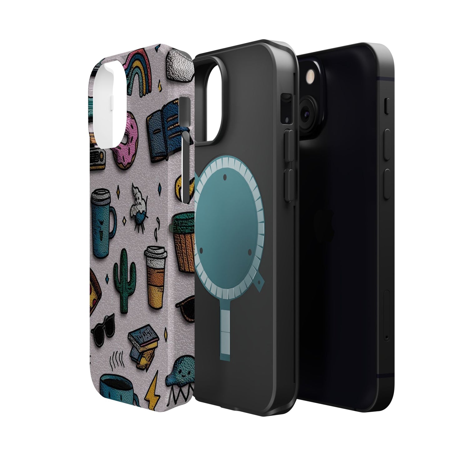 Cute Doodle Phone Case — Magnetic Impact-Resistant Design (coffee, rainbow, cactus)