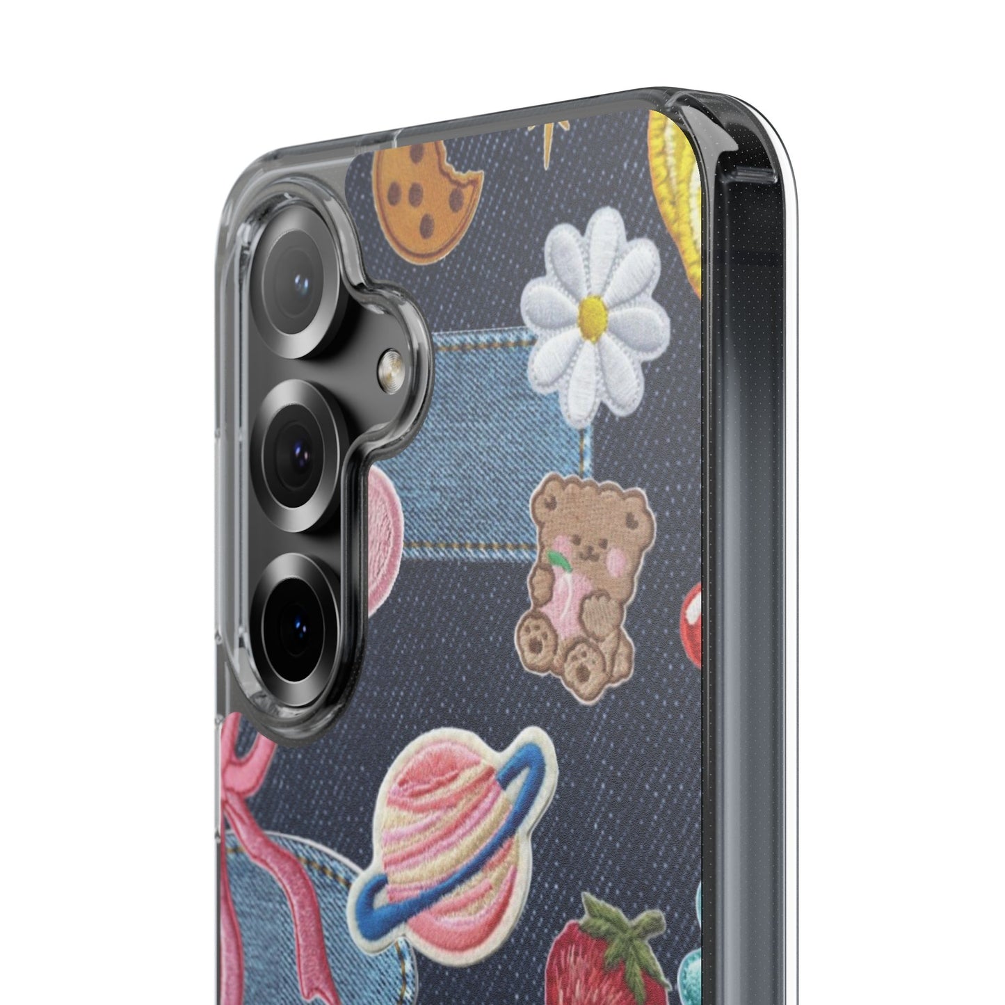 Clear Impact-Resistant Phone Case — Cute Denim Patch Collage (Teddy, Strawberry, Planet)