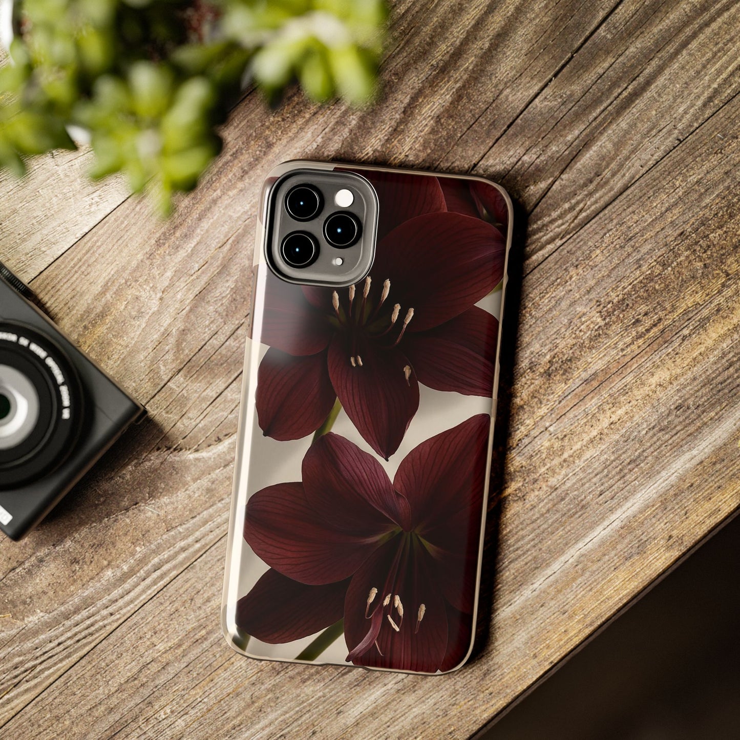 Amaryllis Noir Tough Phone Case — Dark Burgundy Floral Protective Cover