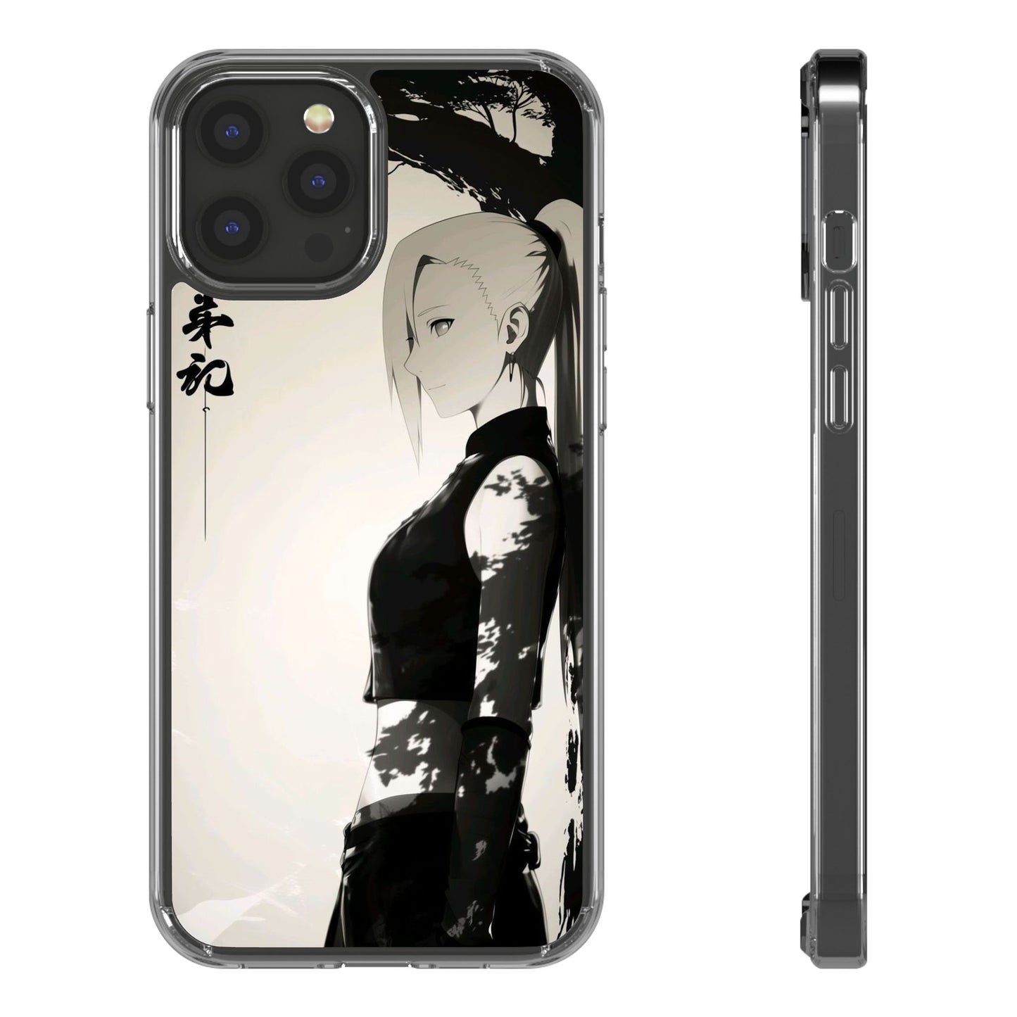 Anime Samurai Clear Phone Case — Monochrome Sumi-E Style
