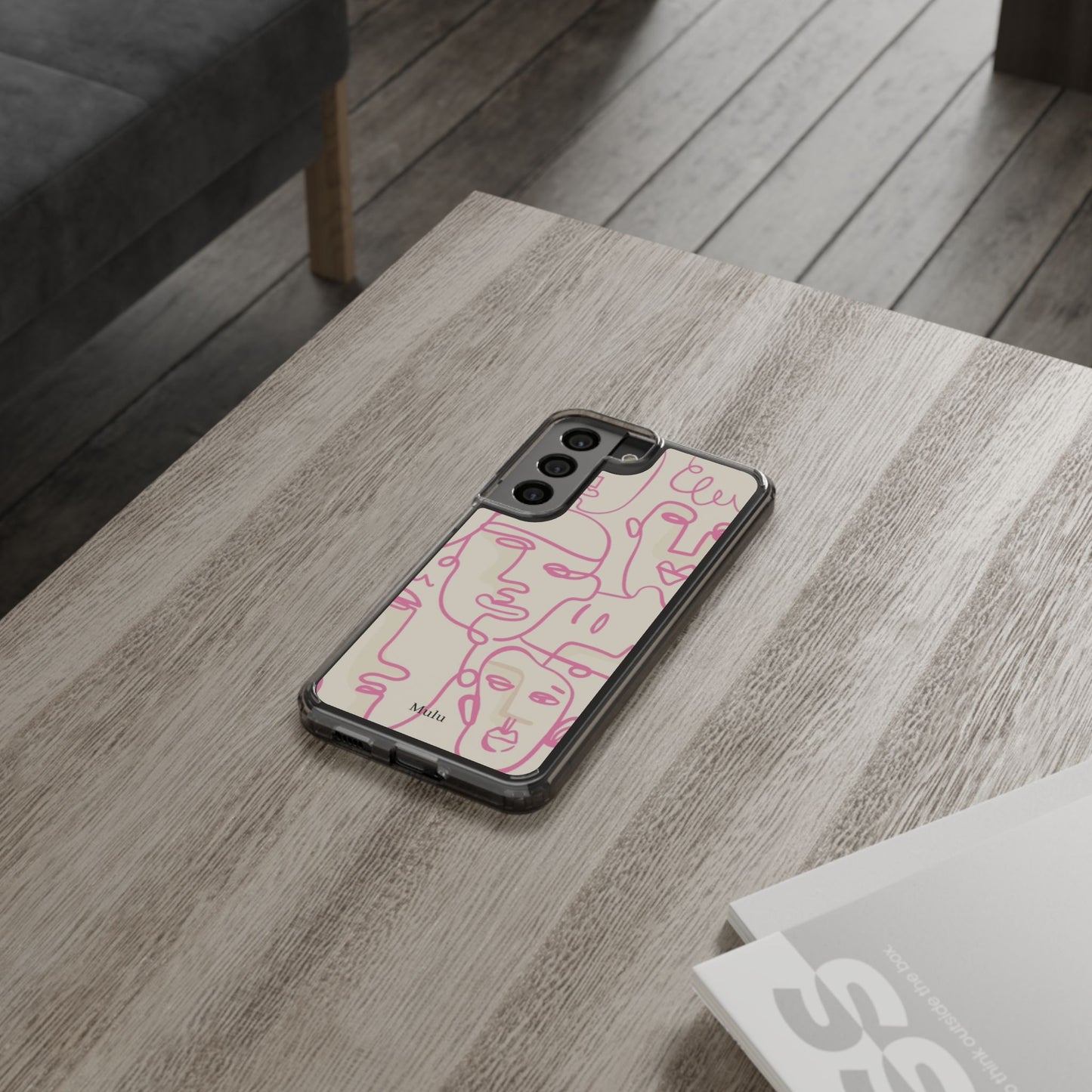 Clear Impact-Resistant Phone Case — Pink Minimalist Line Faces Design