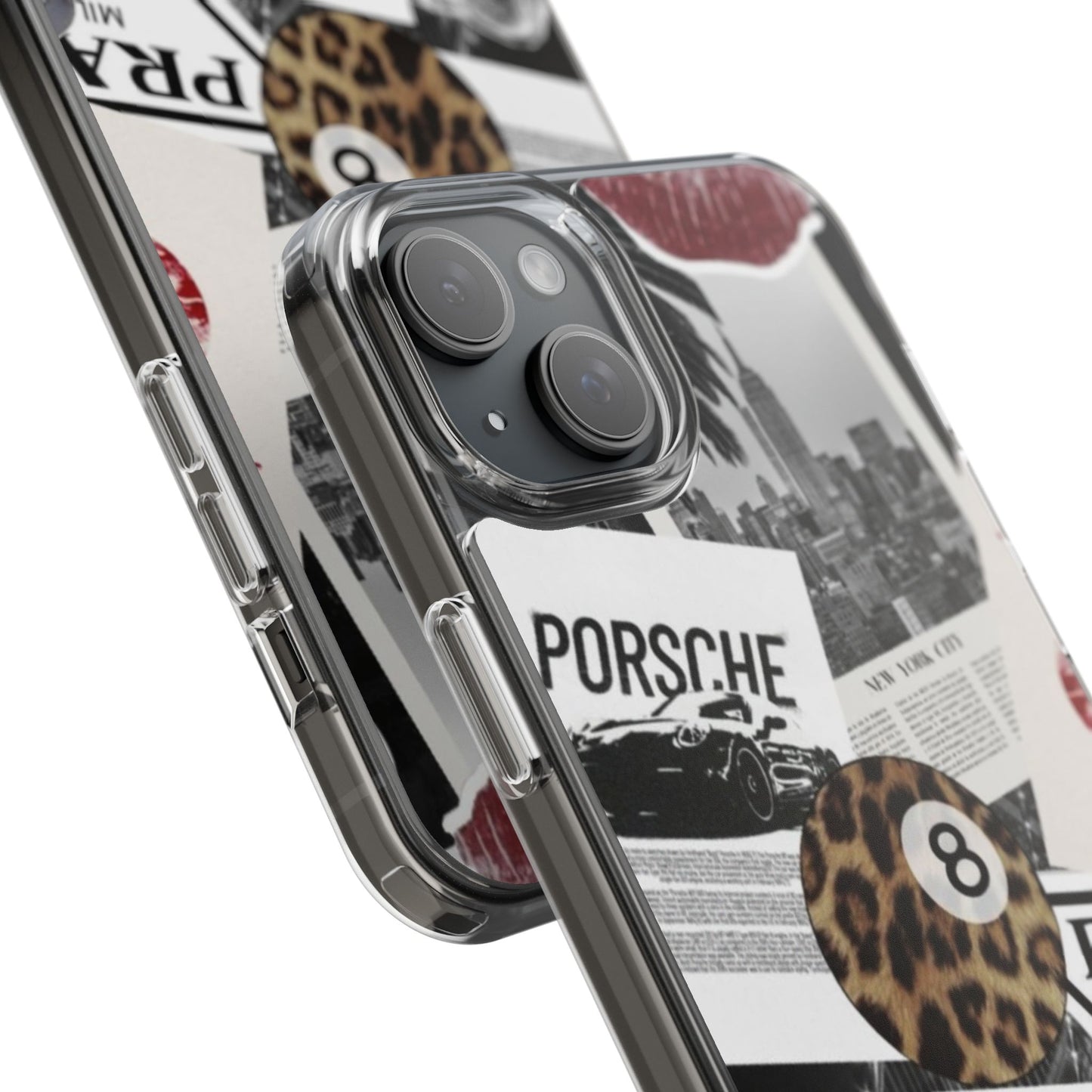 Clear Impact-Resistant Phone Case — Collage Luxury Leopard & Vintage Car Design