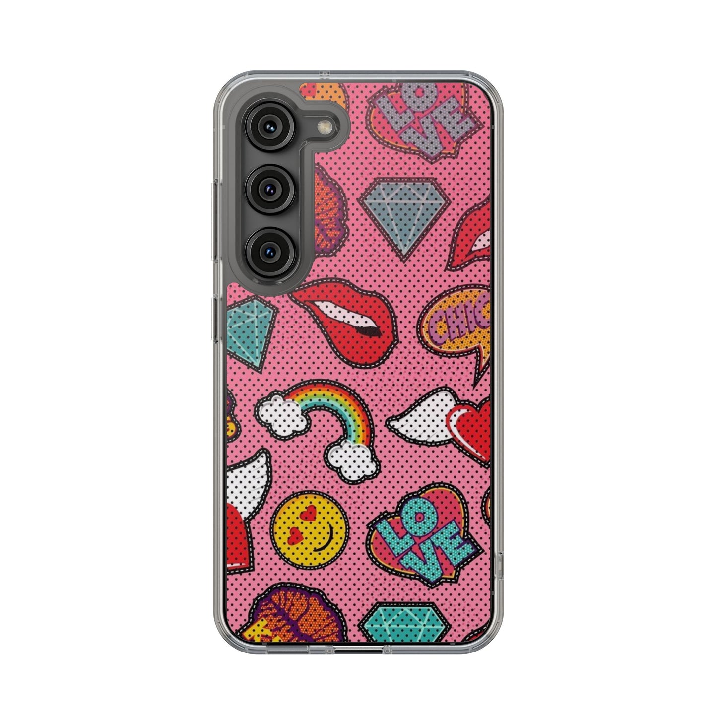 Clear Impact-Resistant Phone Case — Pink Pop Sticker Pattern (Hearts, Rainbows, Smileys)