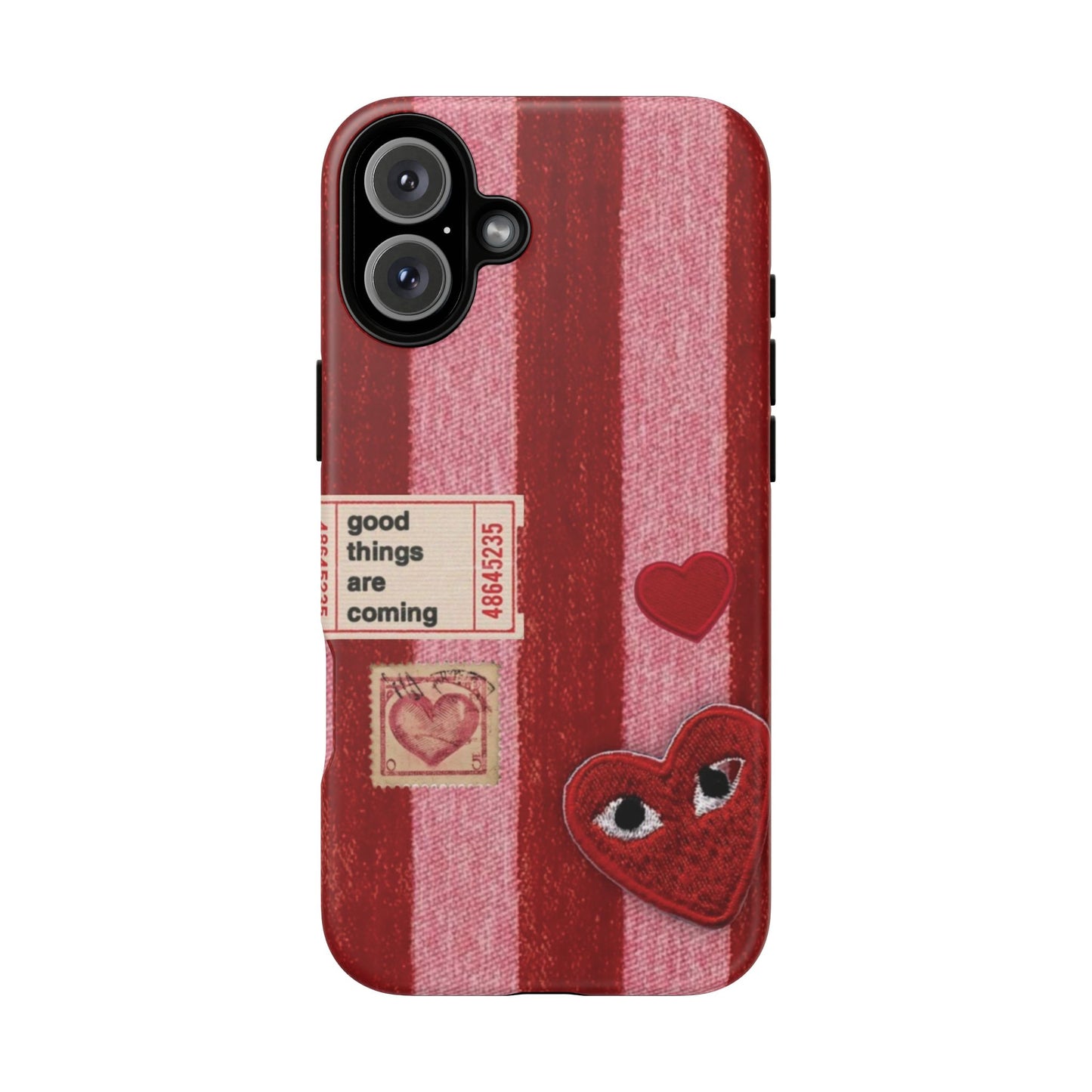 Phone Case — Red Striped Heart Design with “Good Things Are Coming”