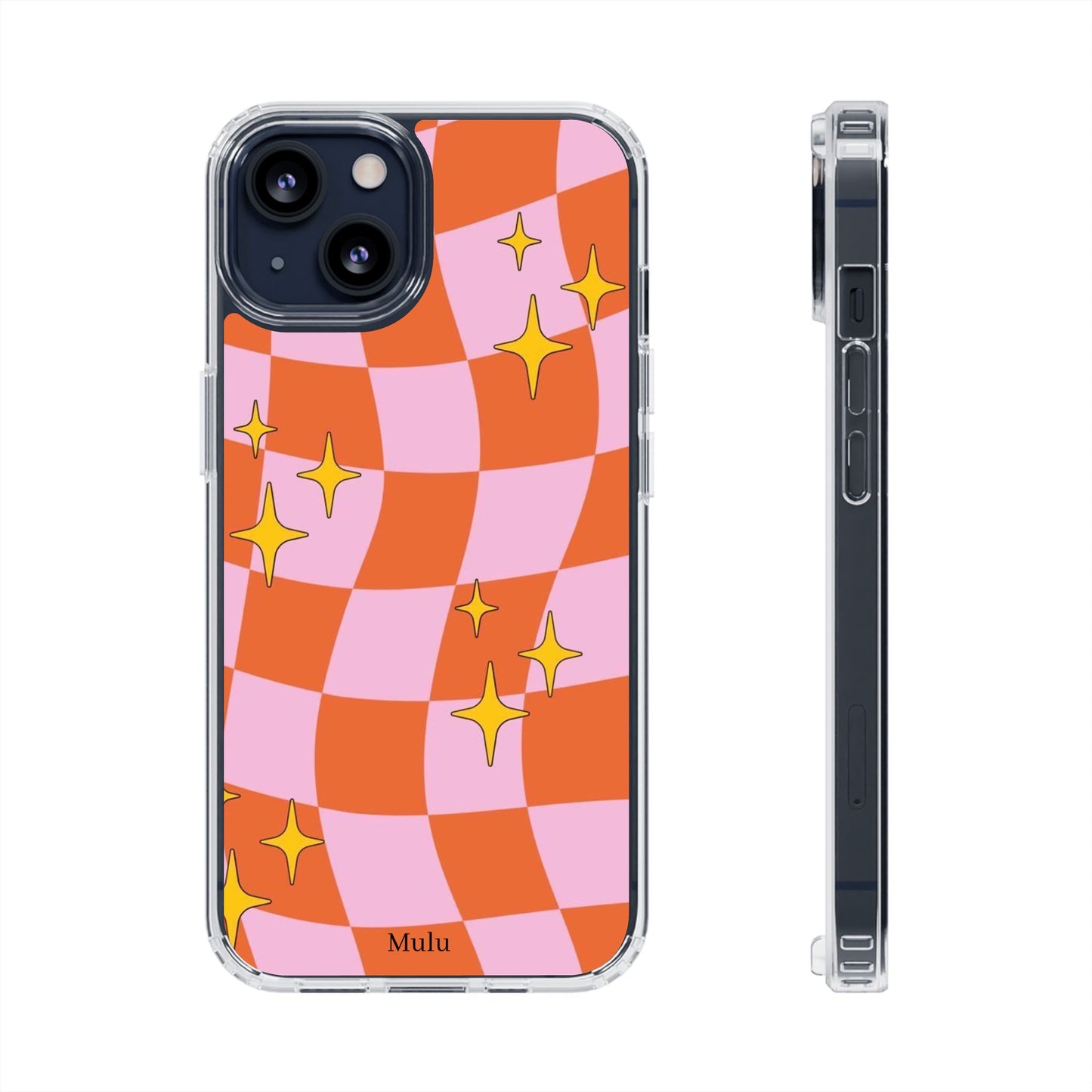 Clear Impact-Resistant Case — Retro Pink & Orange Checker with Sparkle Stars