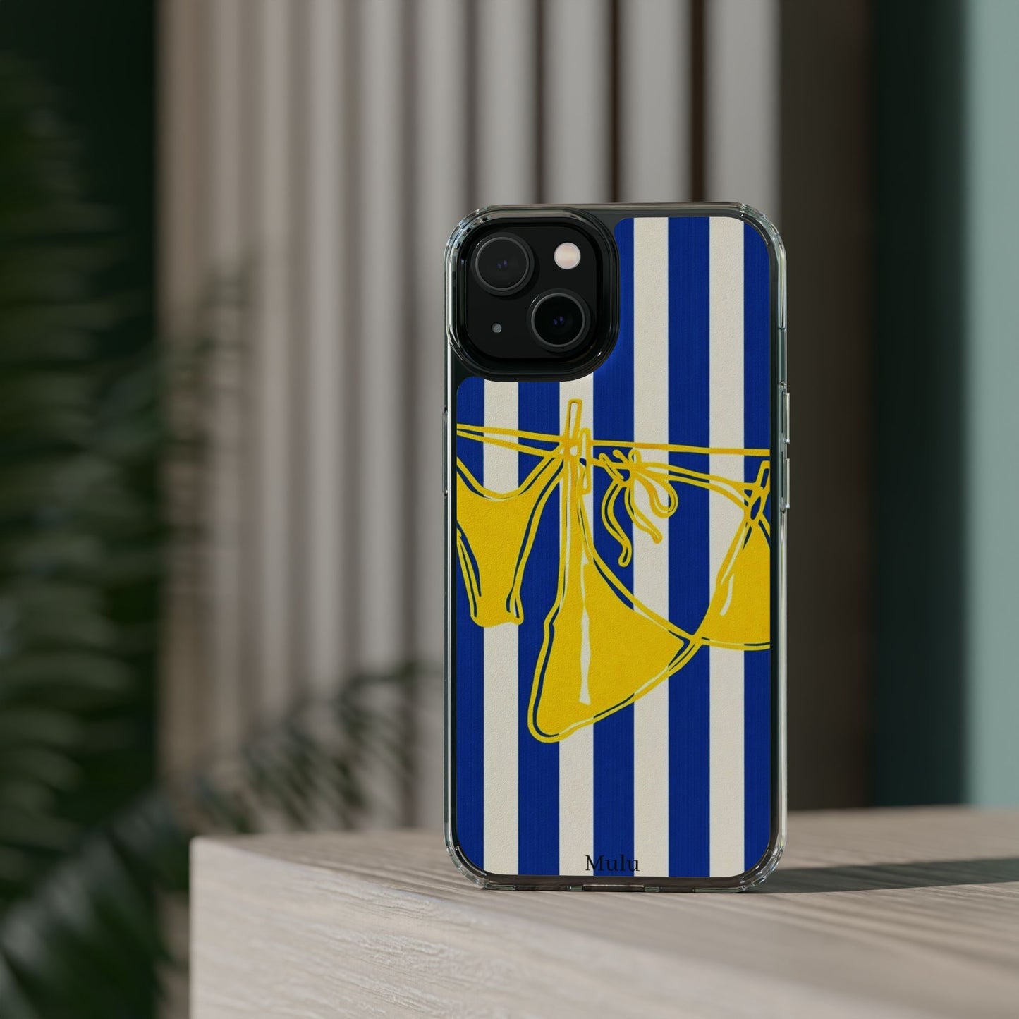 Striped Beach Bikini Phone Case — Yellow Swimwear on Blue & White Stripes, Clear Impact-Resistant