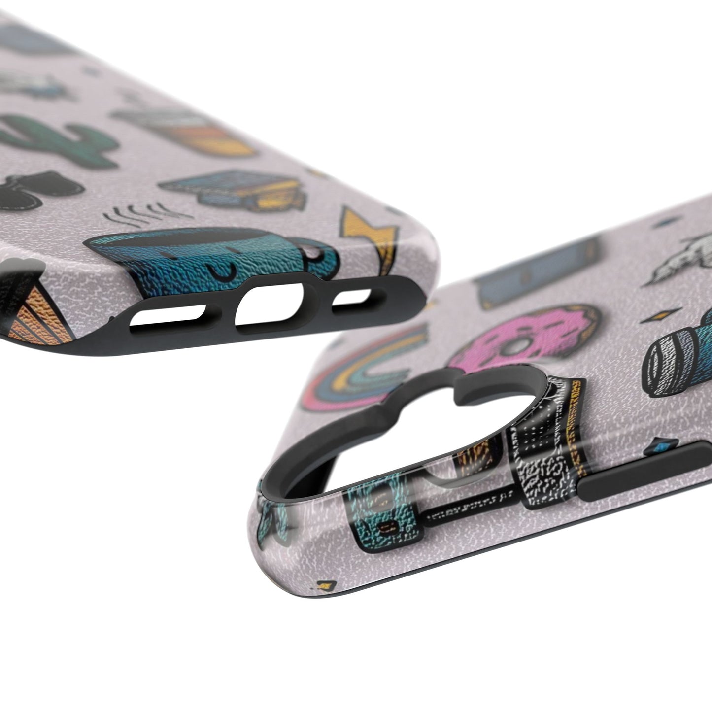 Cute Doodle Phone Case — Magnetic Impact-Resistant Design (coffee, rainbow, cactus)