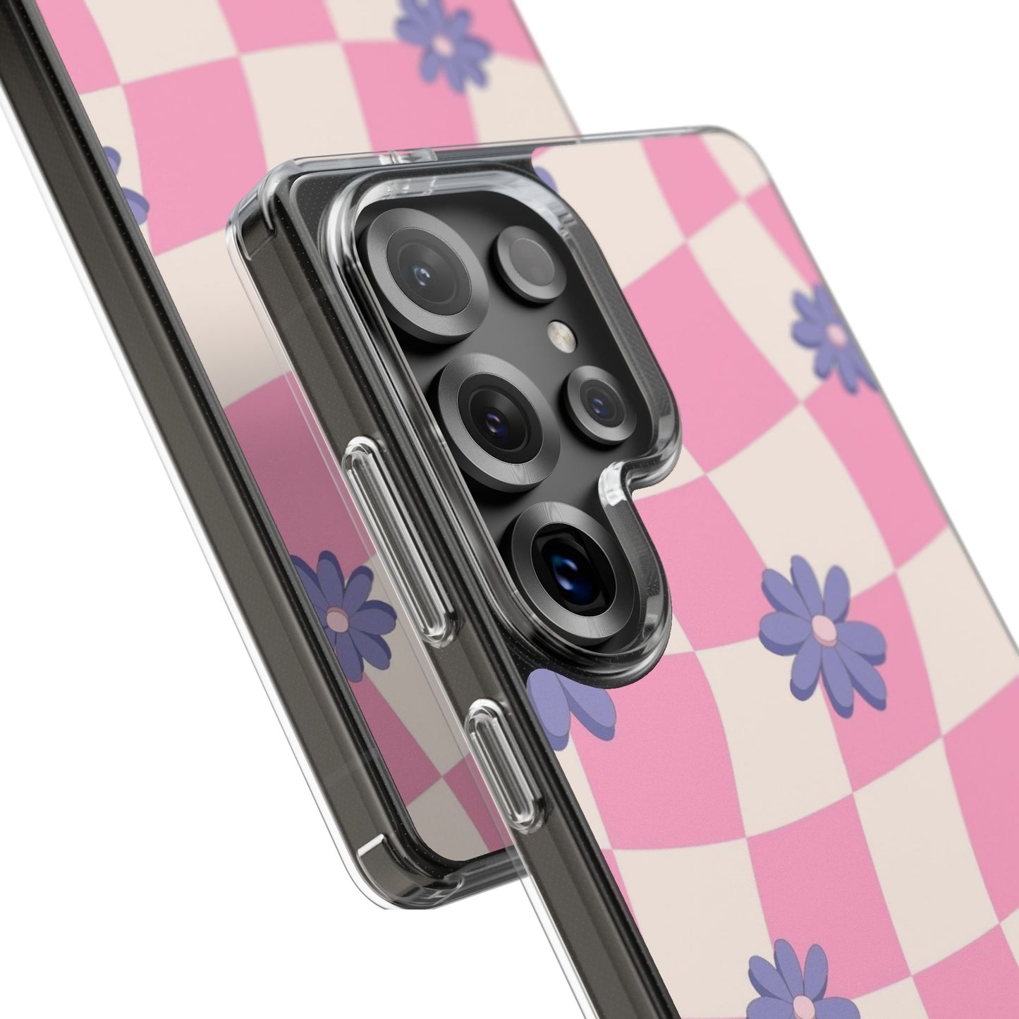 Clear Impact Phone Case — Pink Checkerboard with Purple Flowers