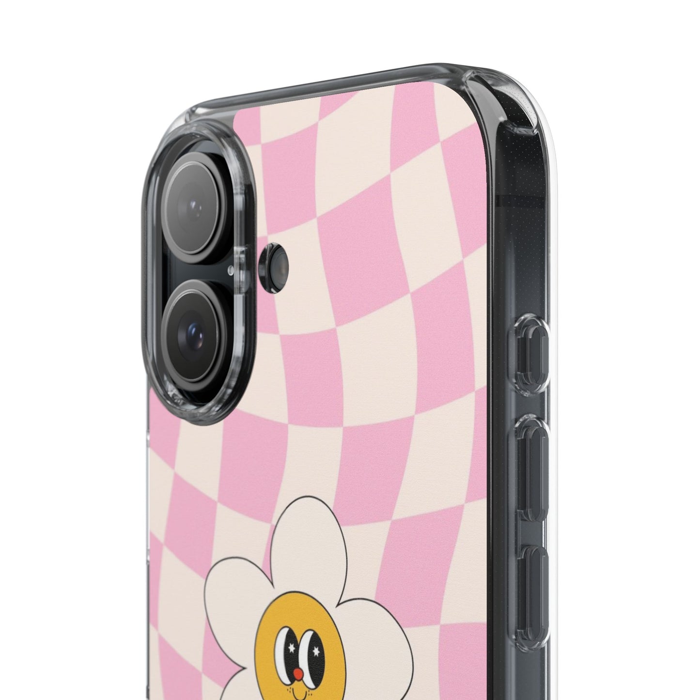 Clear Impact-Resistant Phone Case — Pink Checkerboard Daisy Design