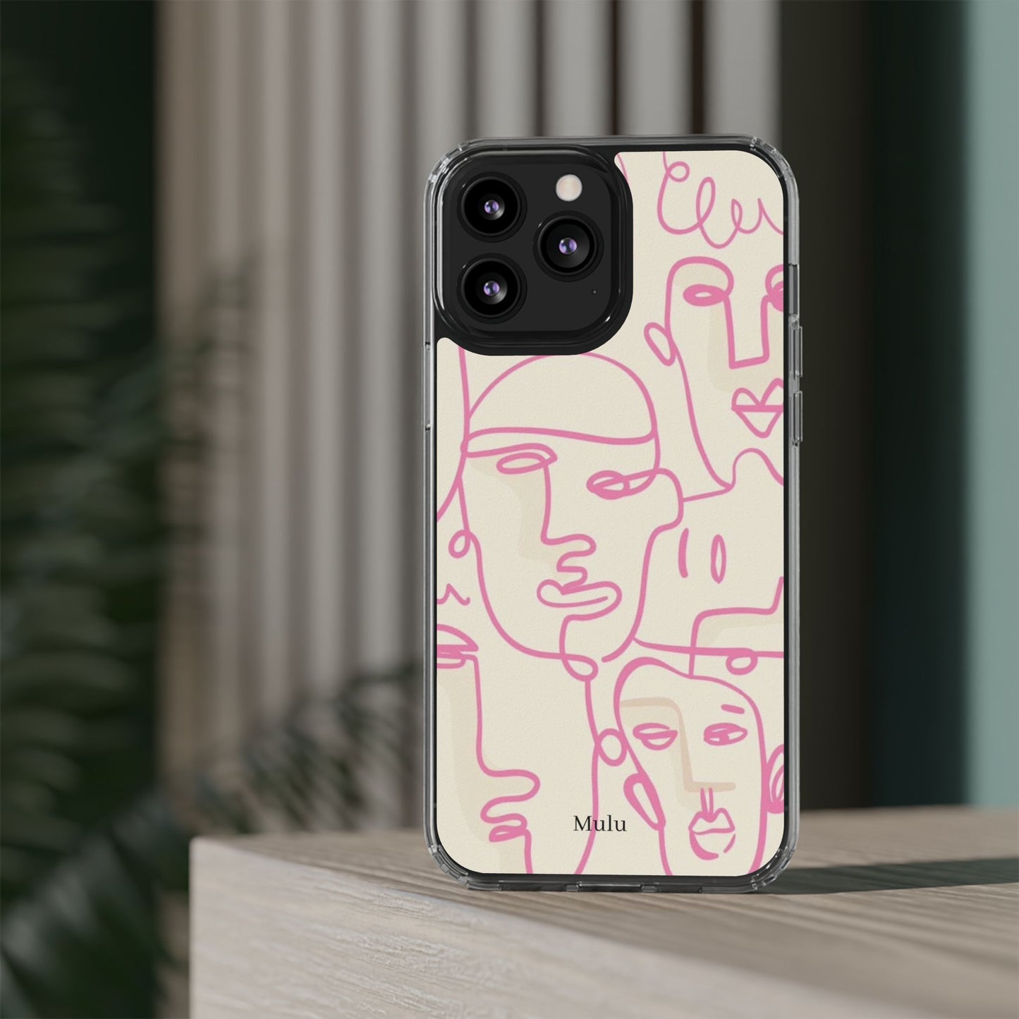 Clear Impact-Resistant Phone Case — Pink Minimalist Line Faces Design