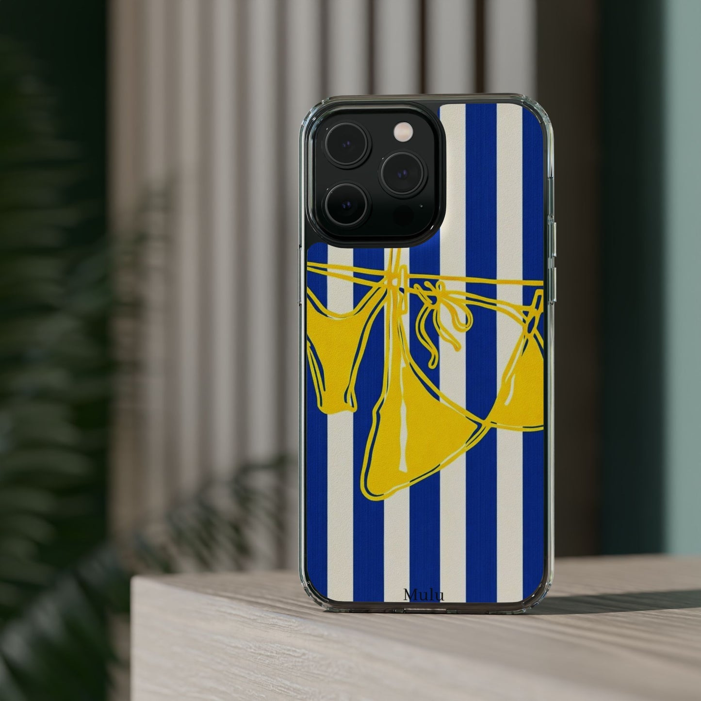 Striped Beach Bikini Phone Case — Yellow Swimwear on Blue & White Stripes, Clear Impact-Resistant