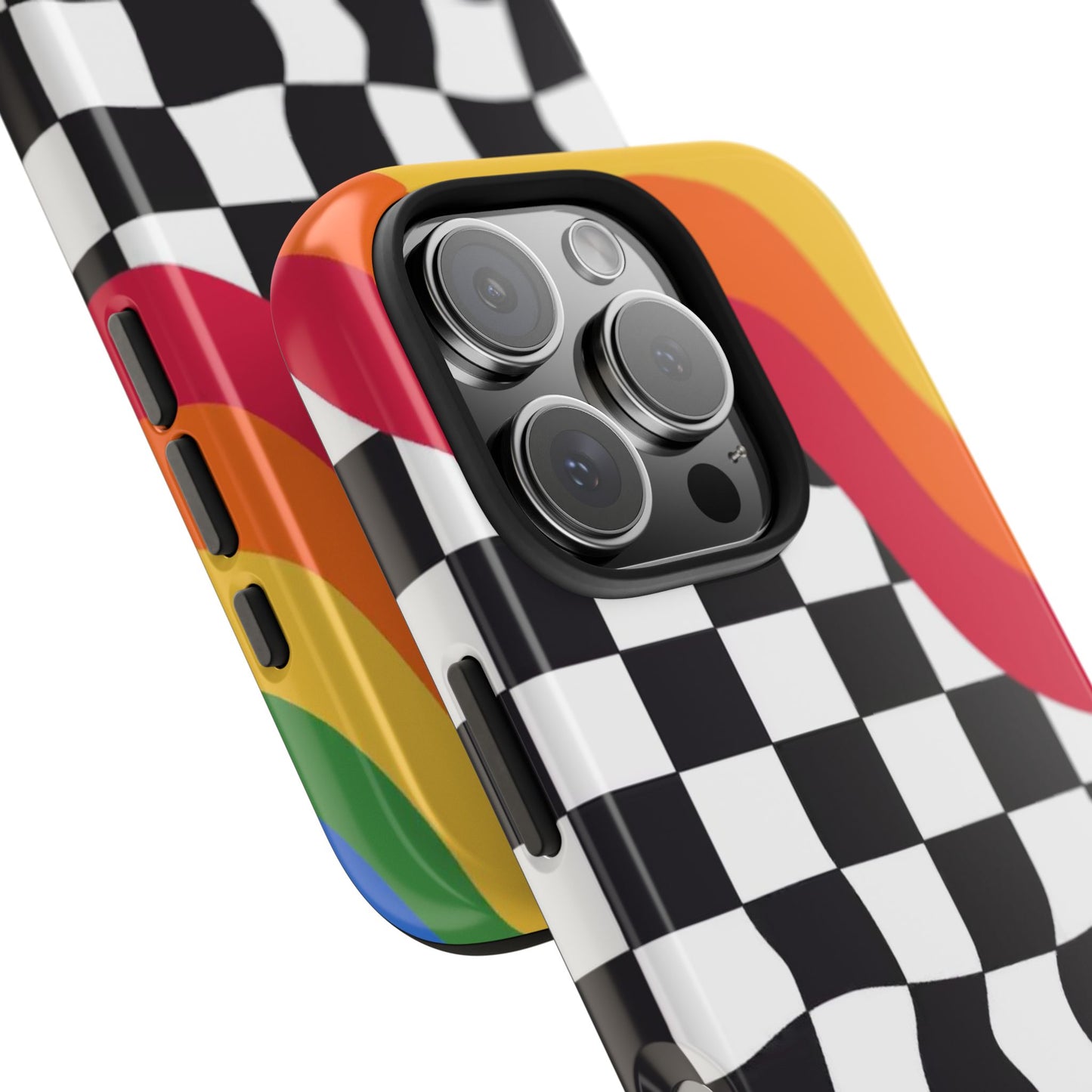 Retro Wavy Checkerboard Tough Phone Case — Rainbow Surf Skate Design