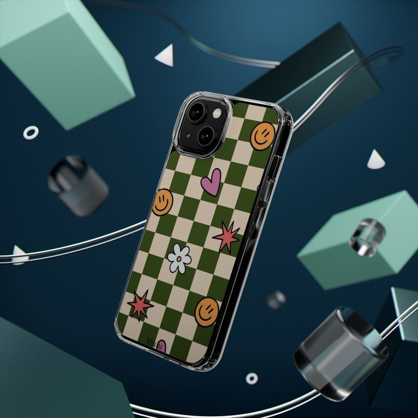 Clear Impact-Resistant Case — Retro Green Checkerboard with Smiley, Hearts & Flowers