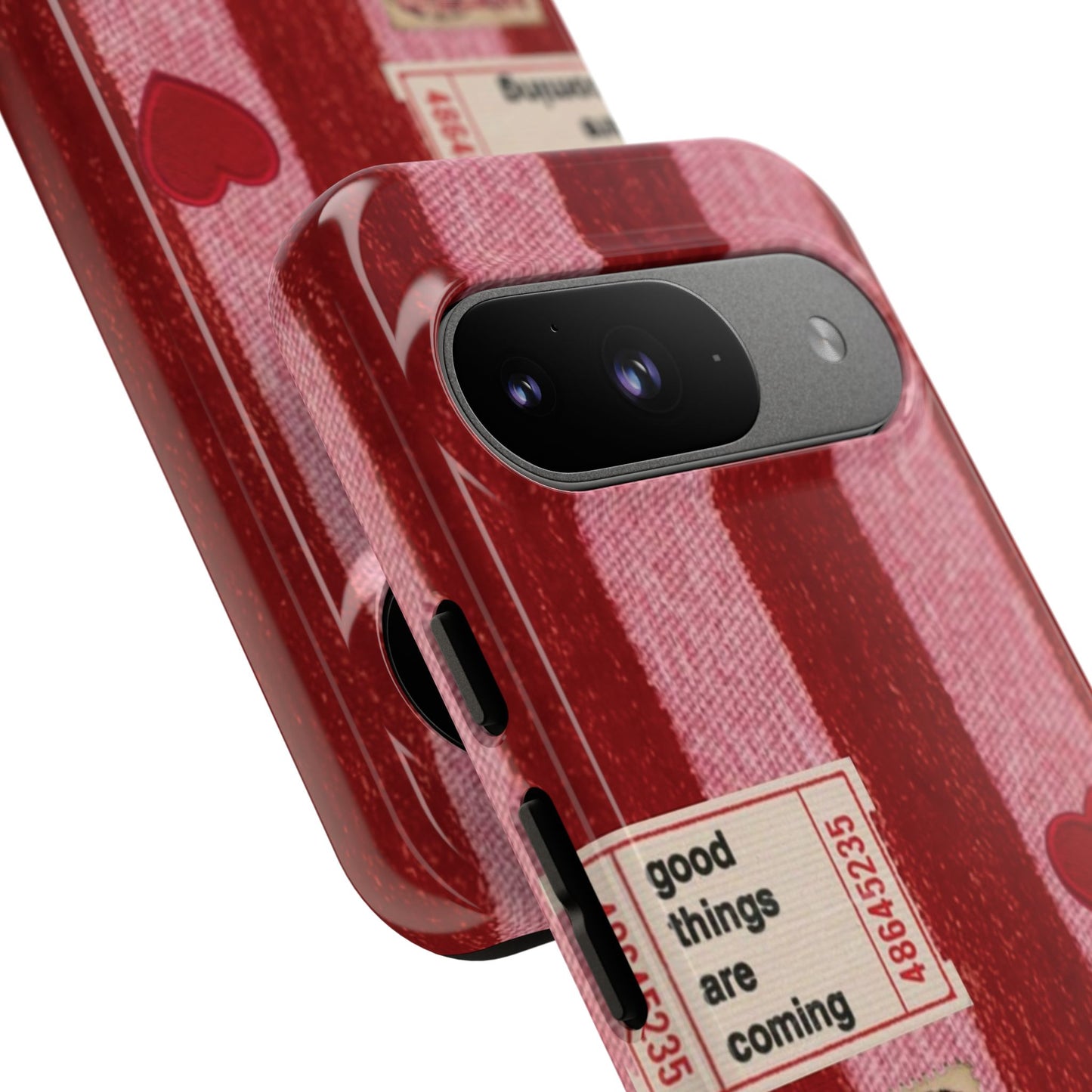 Phone Case — Red Striped Heart Design with “Good Things Are Coming”