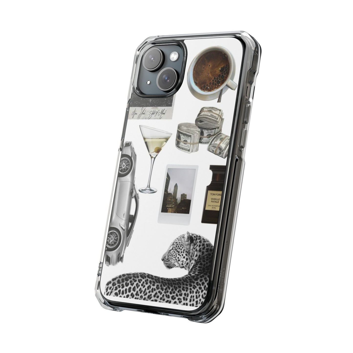Clear Impact Phone Case — Luxe Collage (Leopard, Martini, Coffee & Vintage Car)