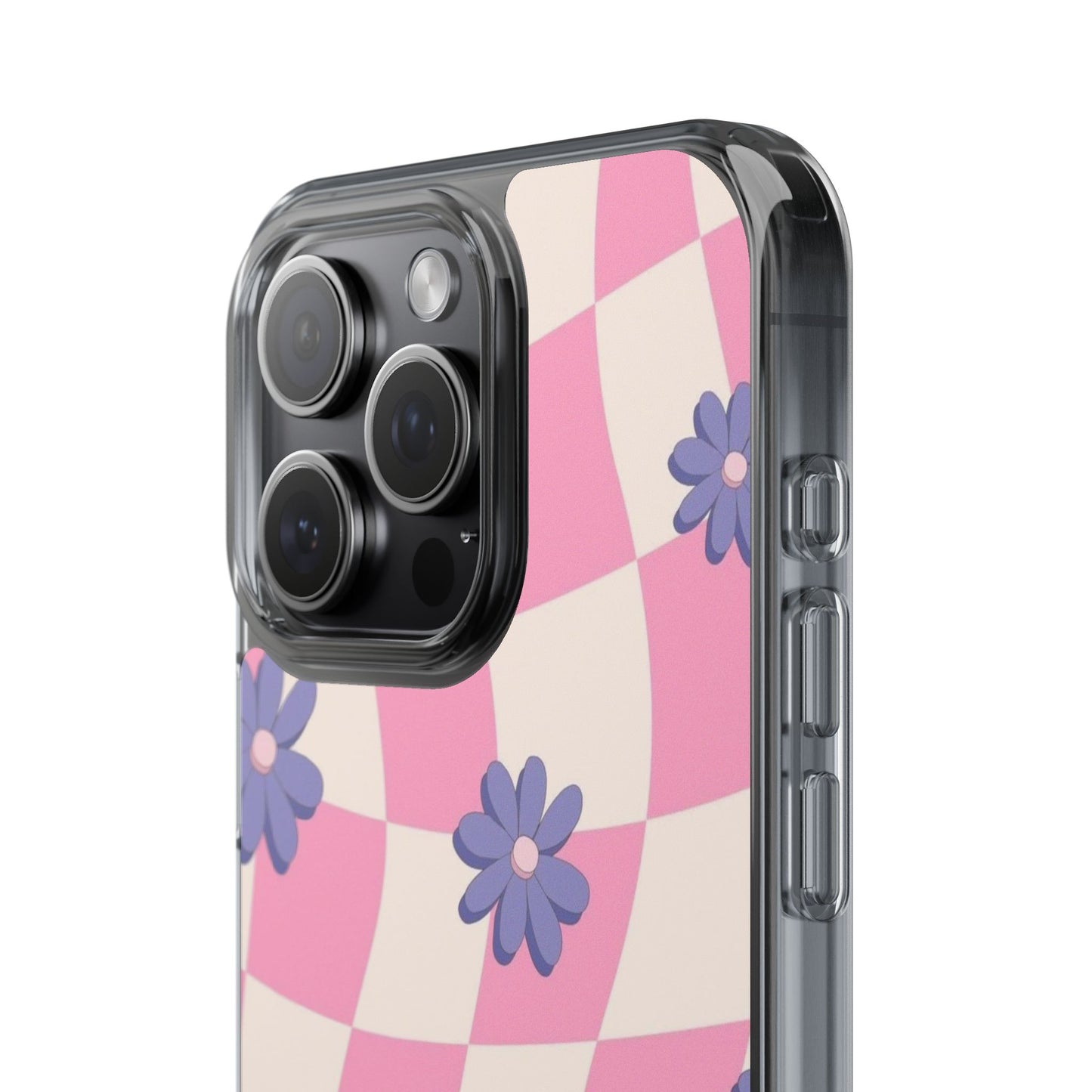 Clear Impact Phone Case — Pink Checkerboard with Purple Flowers