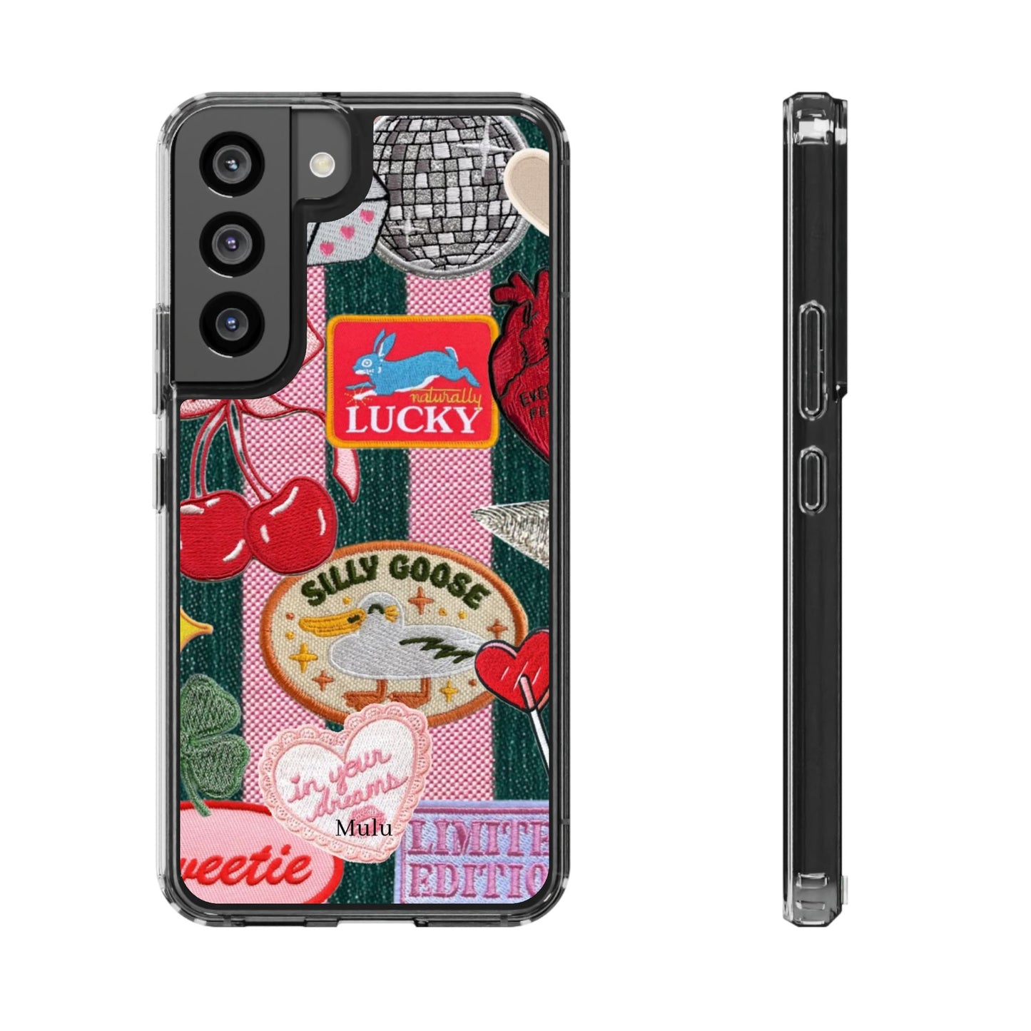 Clear Impact-Resistant Phone Case — Retro Patchwork Stickers (Lucky, Cherries, Silly Goose)