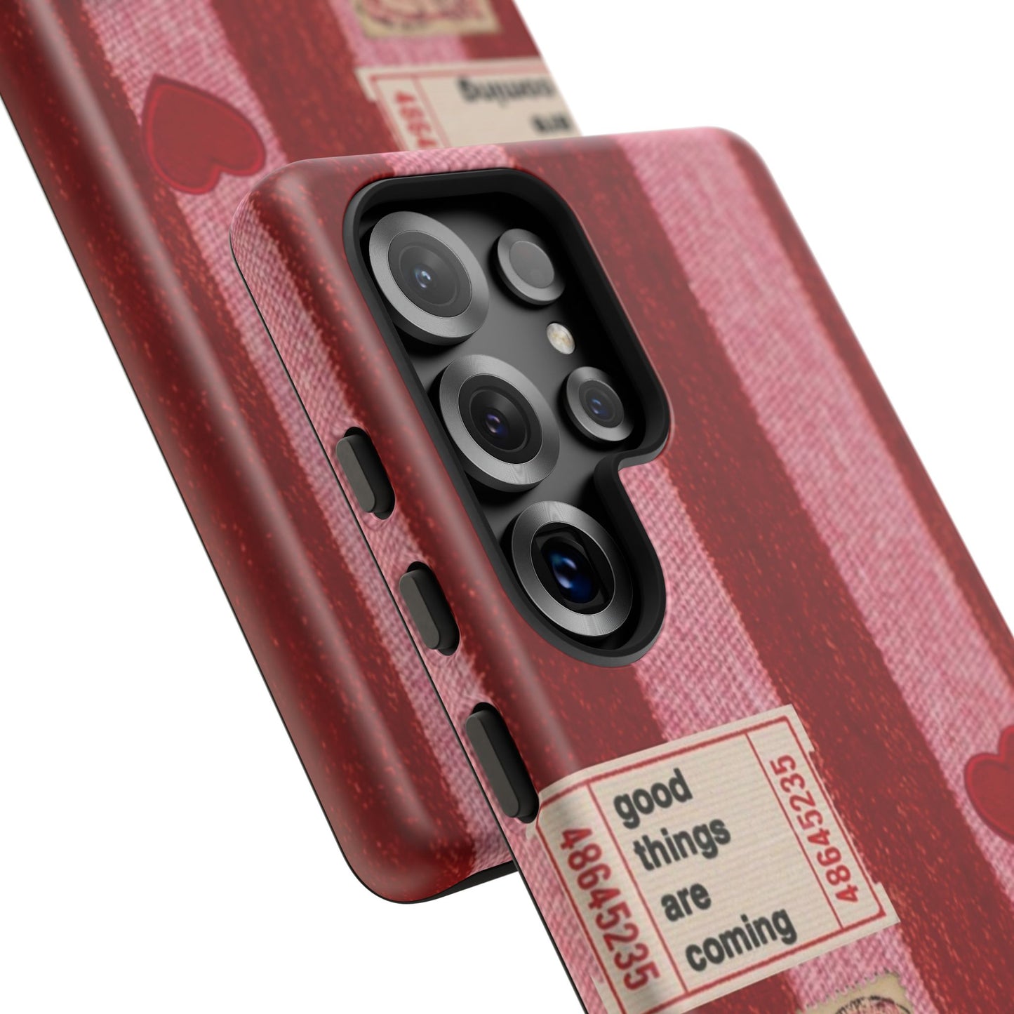Phone Case — Red Striped Heart Design with “Good Things Are Coming”