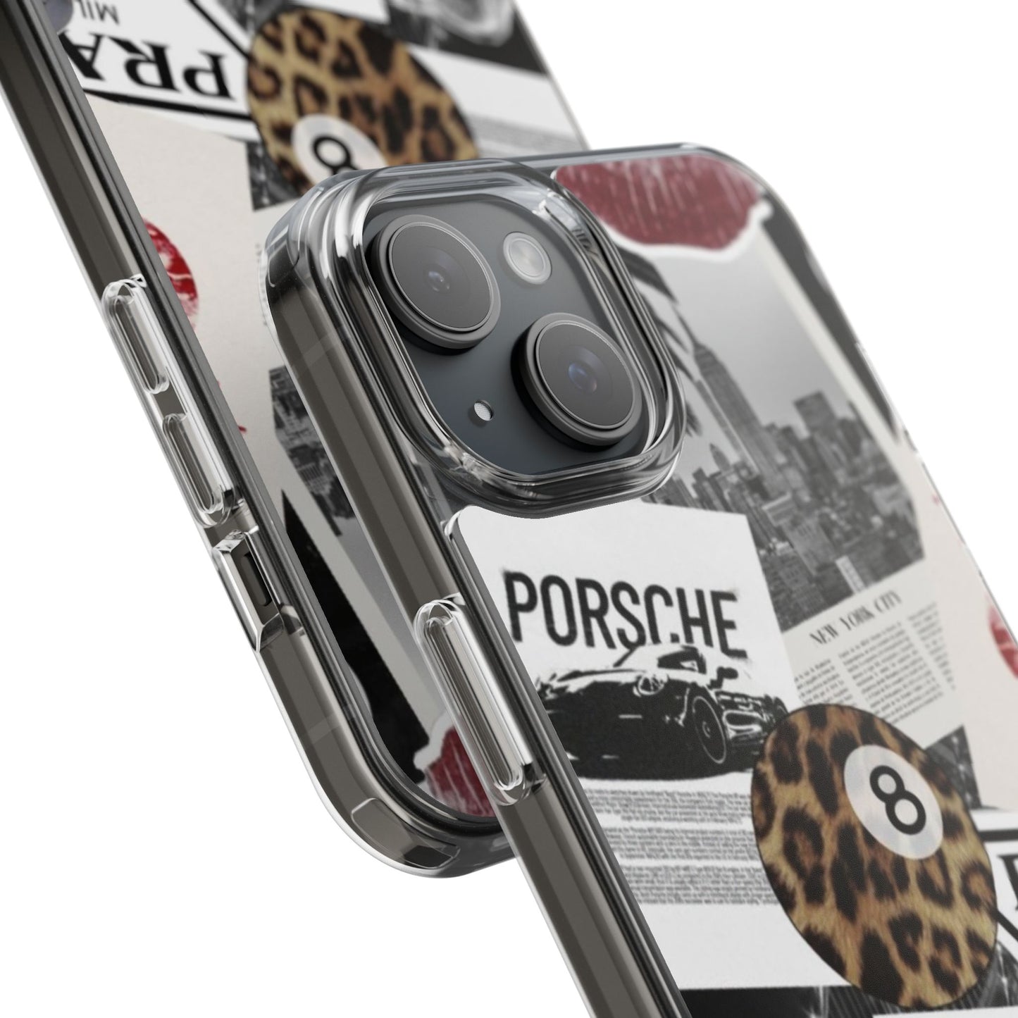 Clear Impact-Resistant Phone Case — Collage Luxury Leopard & Vintage Car Design