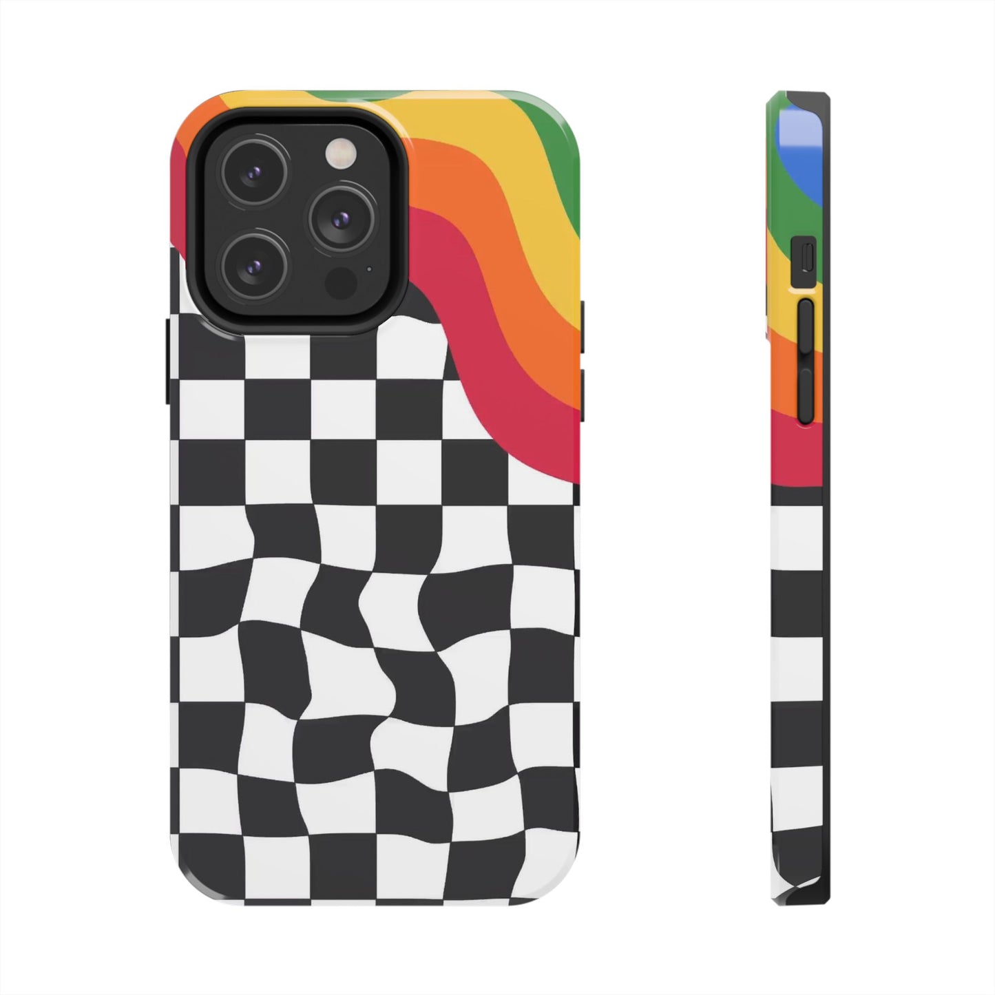 Retro Wavy Checkerboard Tough Phone Case — Rainbow Surf Skate Design